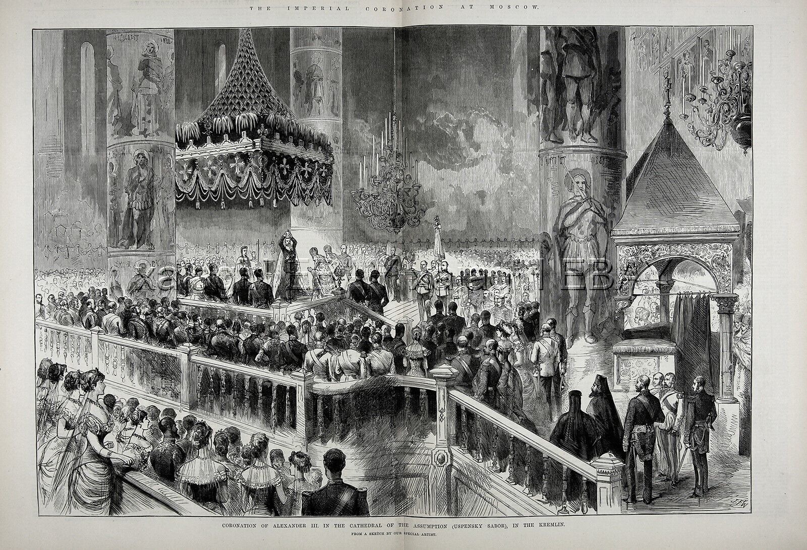 Russia Alexander III Coronation Cathedral of Dormition, Huge 1880s Antique Print