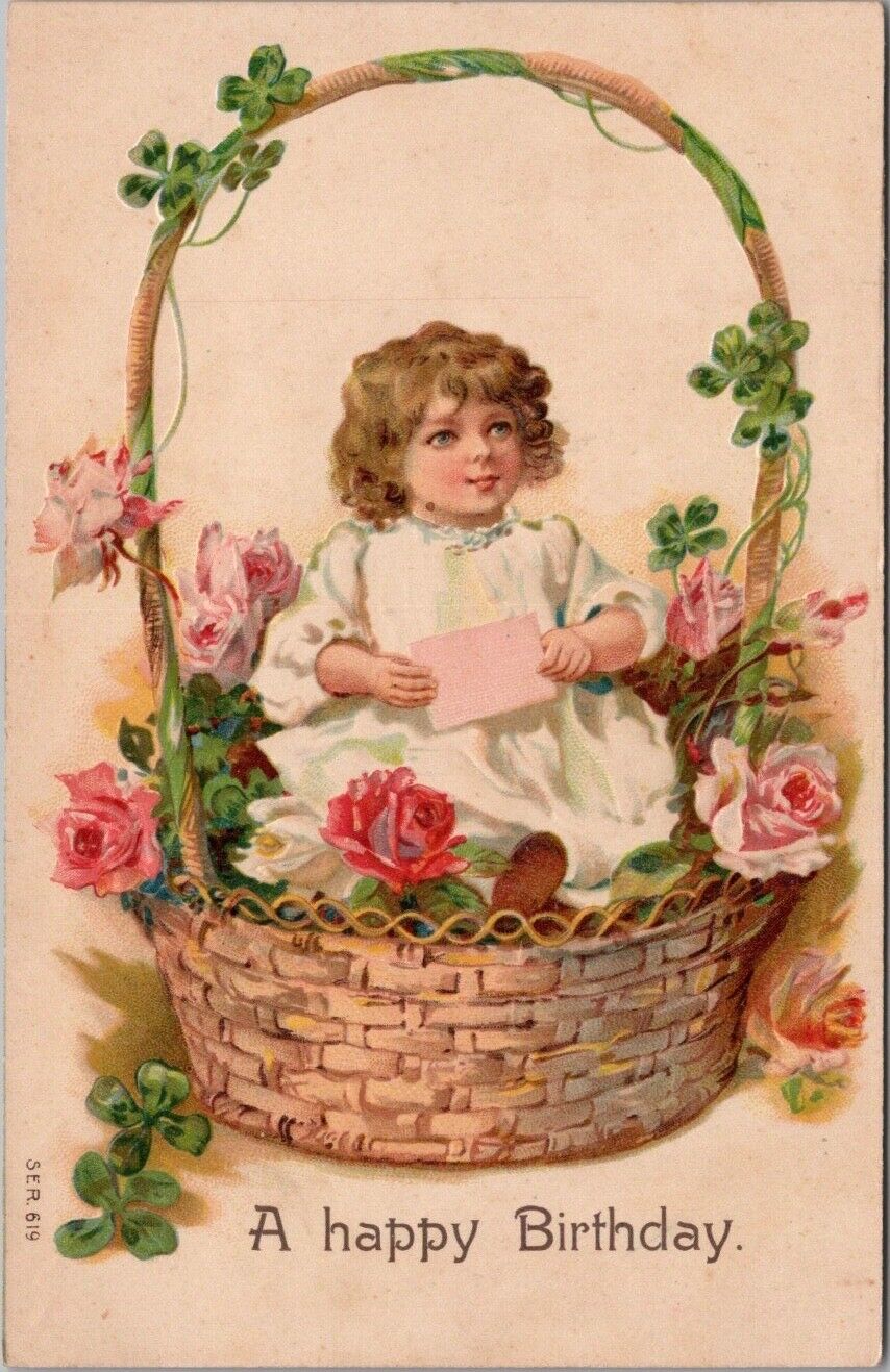 c1910s HAPPY BIRTHDAY Embossed Greetings Postcard Girl in Basket of Flowers
