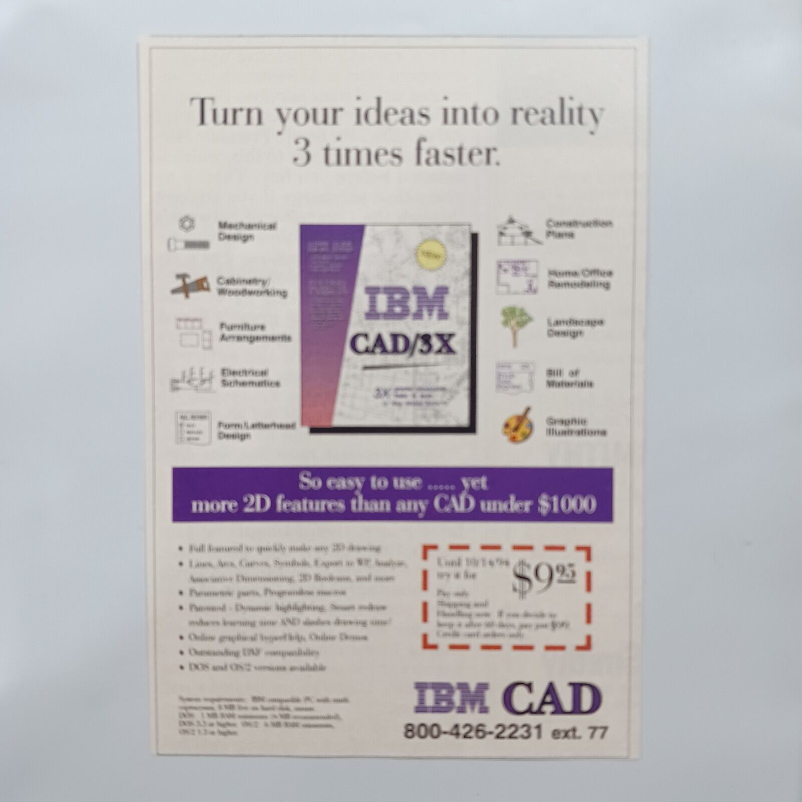 1994 VINTAGE IBM CAD TURN YOUR IDEAS INTO REALITY 3 TIMES FASTER PRINT AD