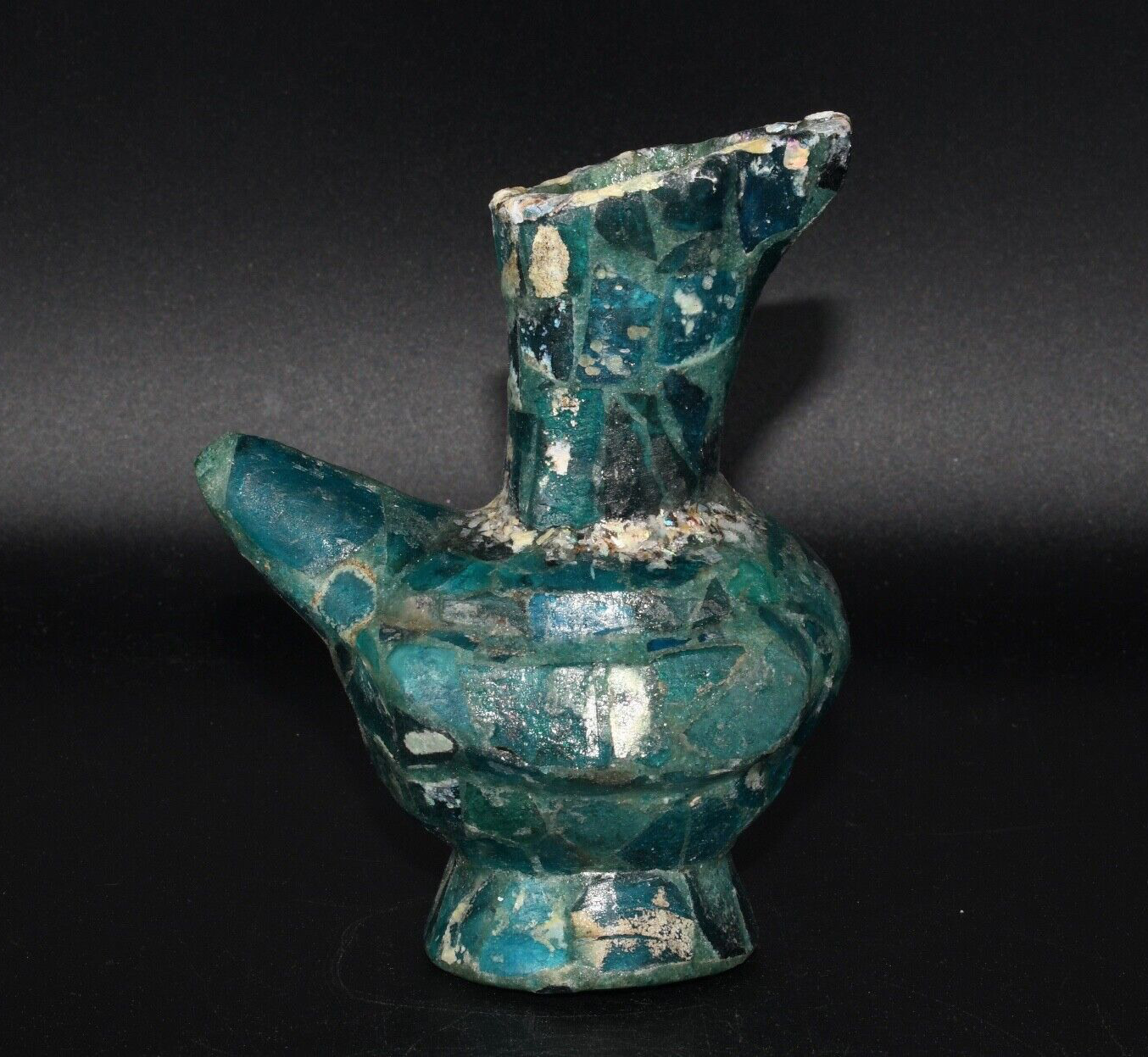 Authentic Ancient Roman Glass Bird Vessel with Blue Iridescent Patina