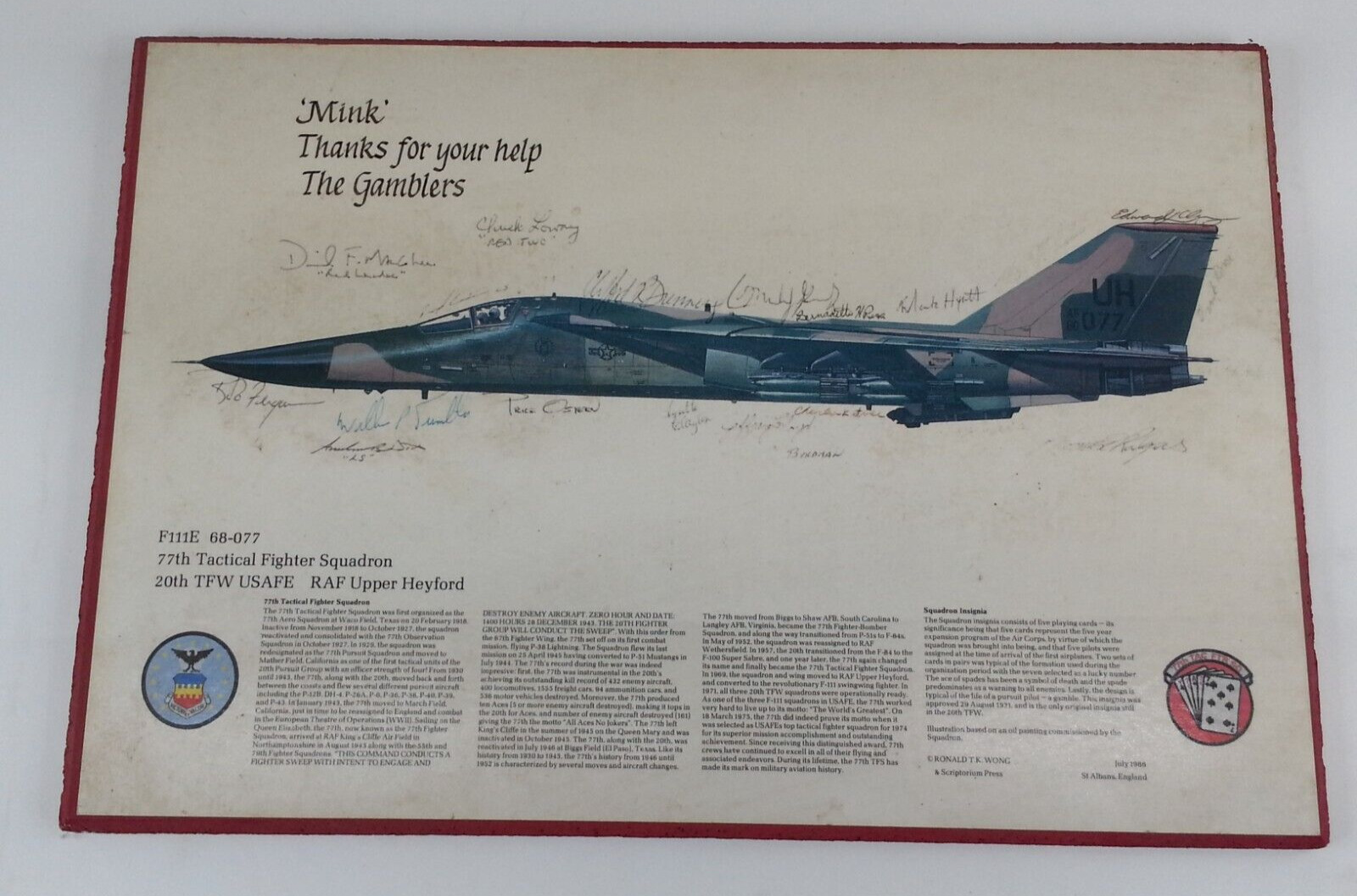 1986 77th Tactical Fighter Squadron Autographed Air Force Military Plaque USAF