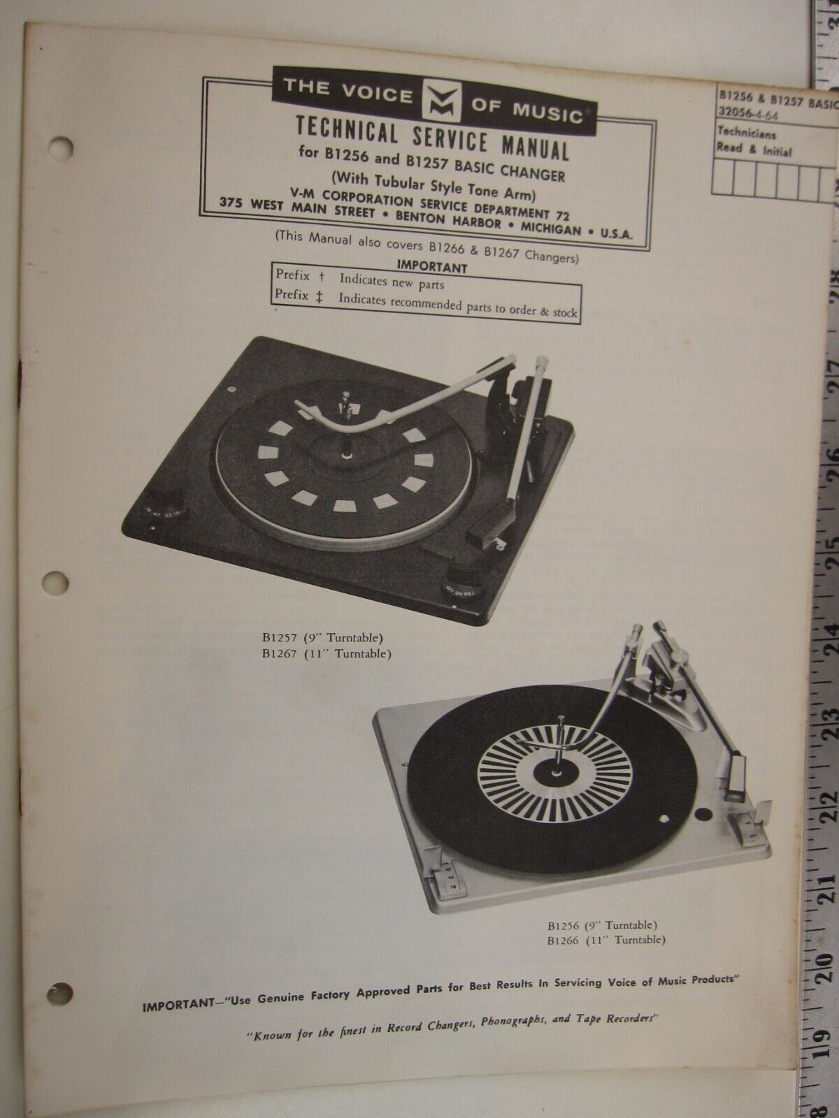 SF  V-M Voice of Music Service Manual MODEL  B1256 & B1257 W Tubular tone Arm