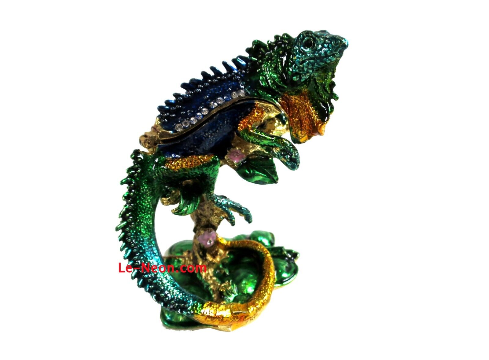 Bejeweled Chameleon Lizard  Hinged Metal Enameled Rhinestone Trinket box