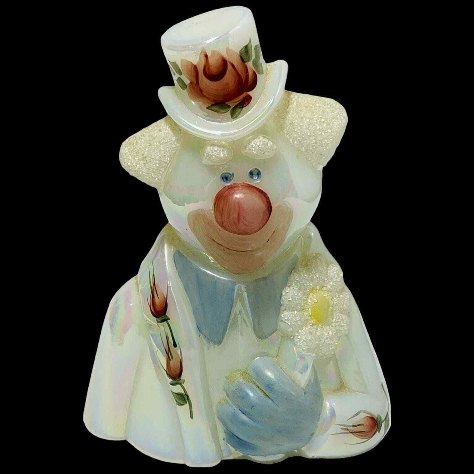 Vintage Fenton Glass White Carnival Opalescent Clown HP Signed by D Fredrick