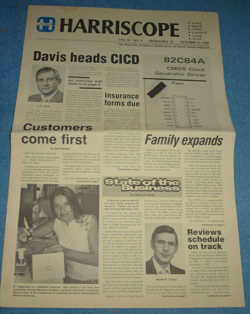 1982 Harriscope Newsletter 8 Pages Davis heads CICD + 82C84A CMOS