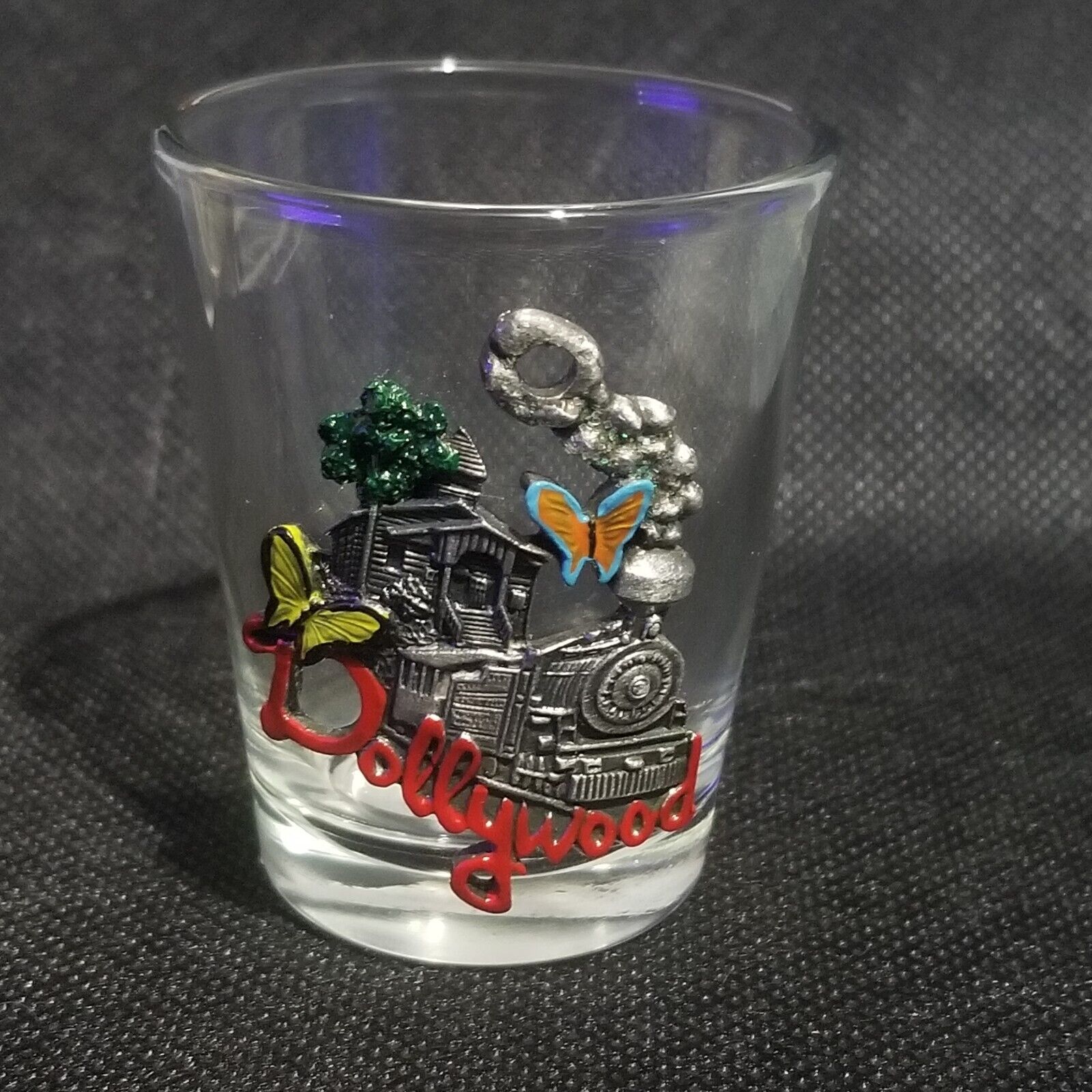 Dollywood Shot Glass Pigeon Forge Butterfly Express Train Pewter Metal Country