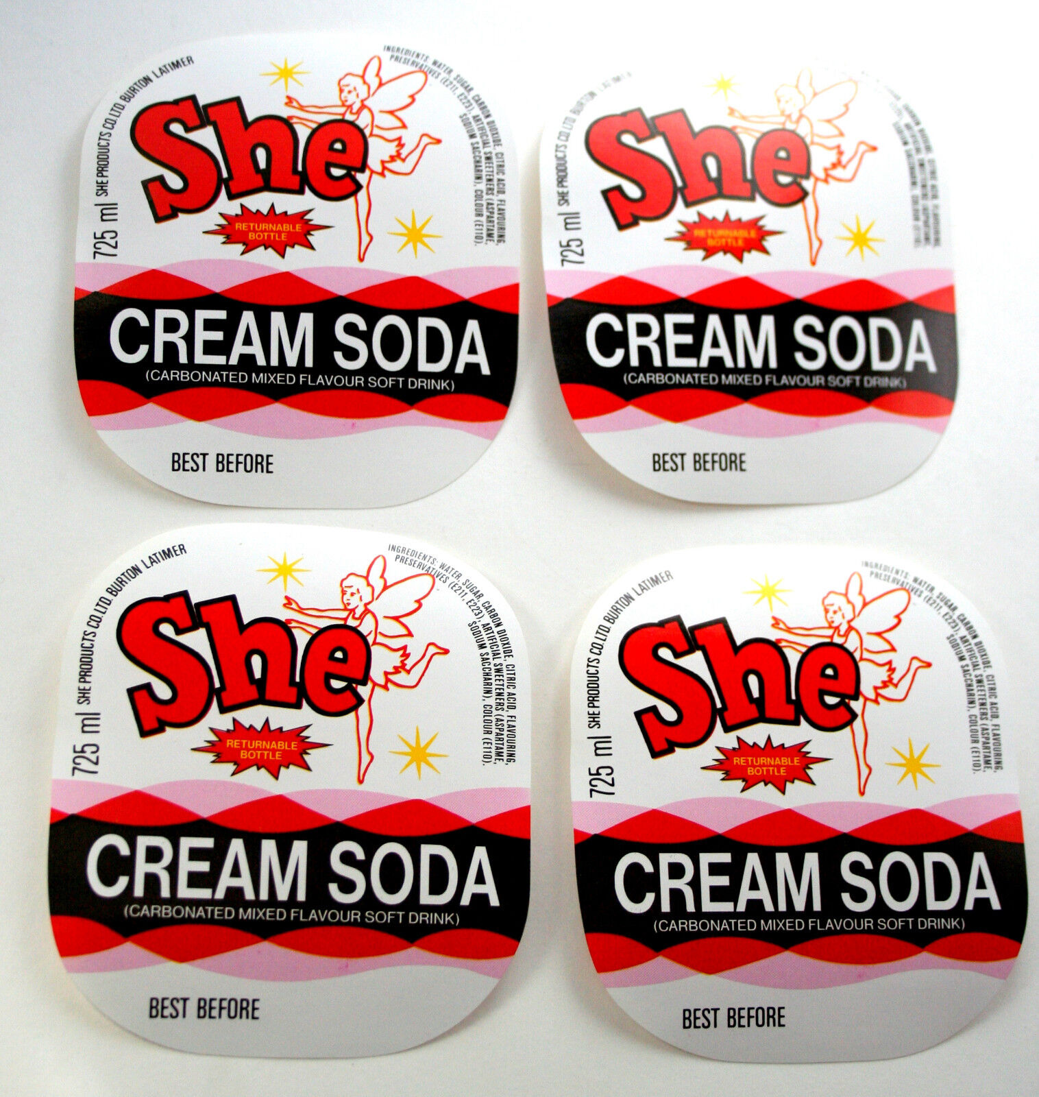 Set of 4 She Cream Soda Bottle Label NOS 1970s Fairy