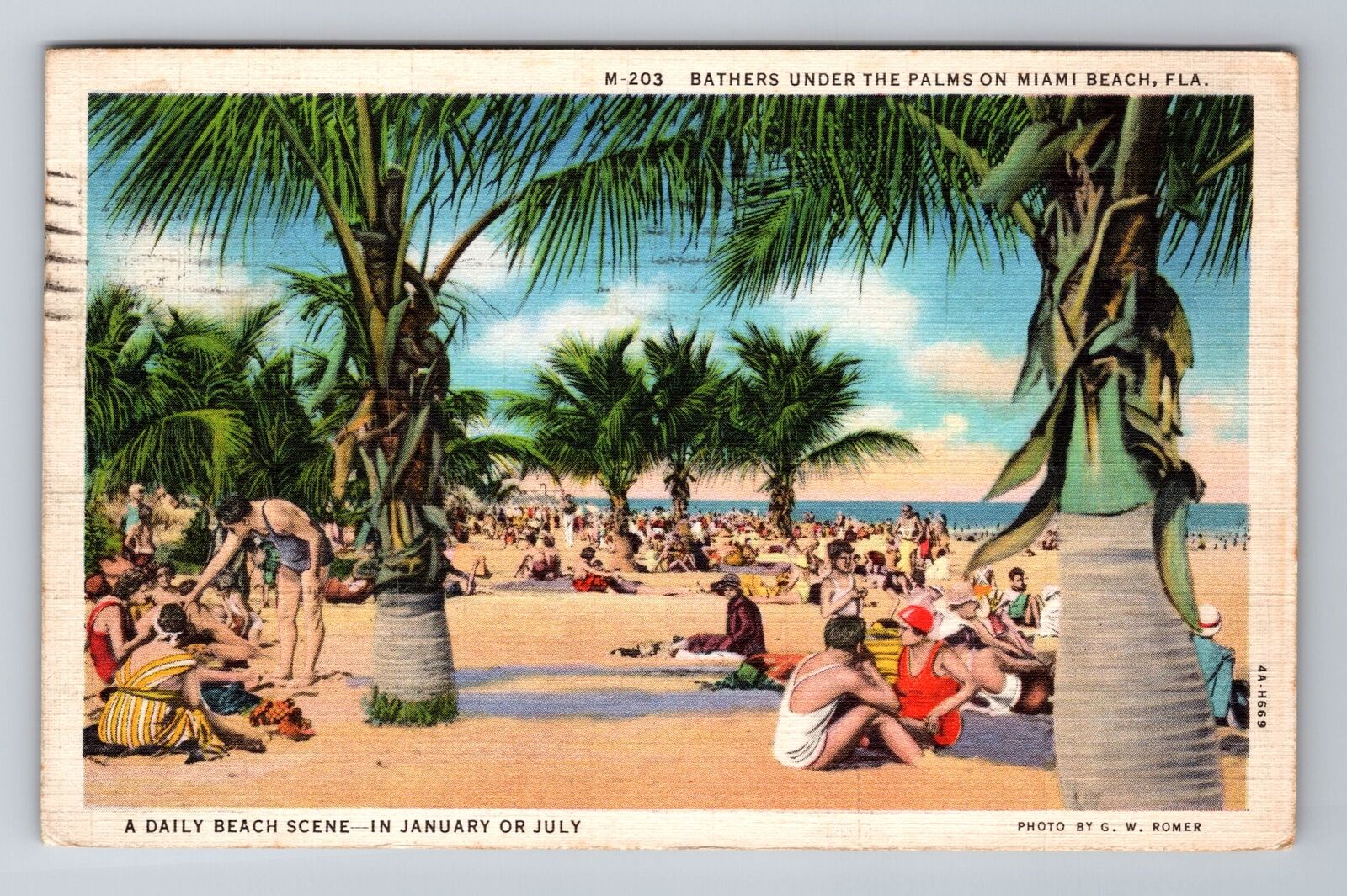 Miami Beach FL-Florida, Bathers Under The Palms, Antique Vintage c1935 Postcard