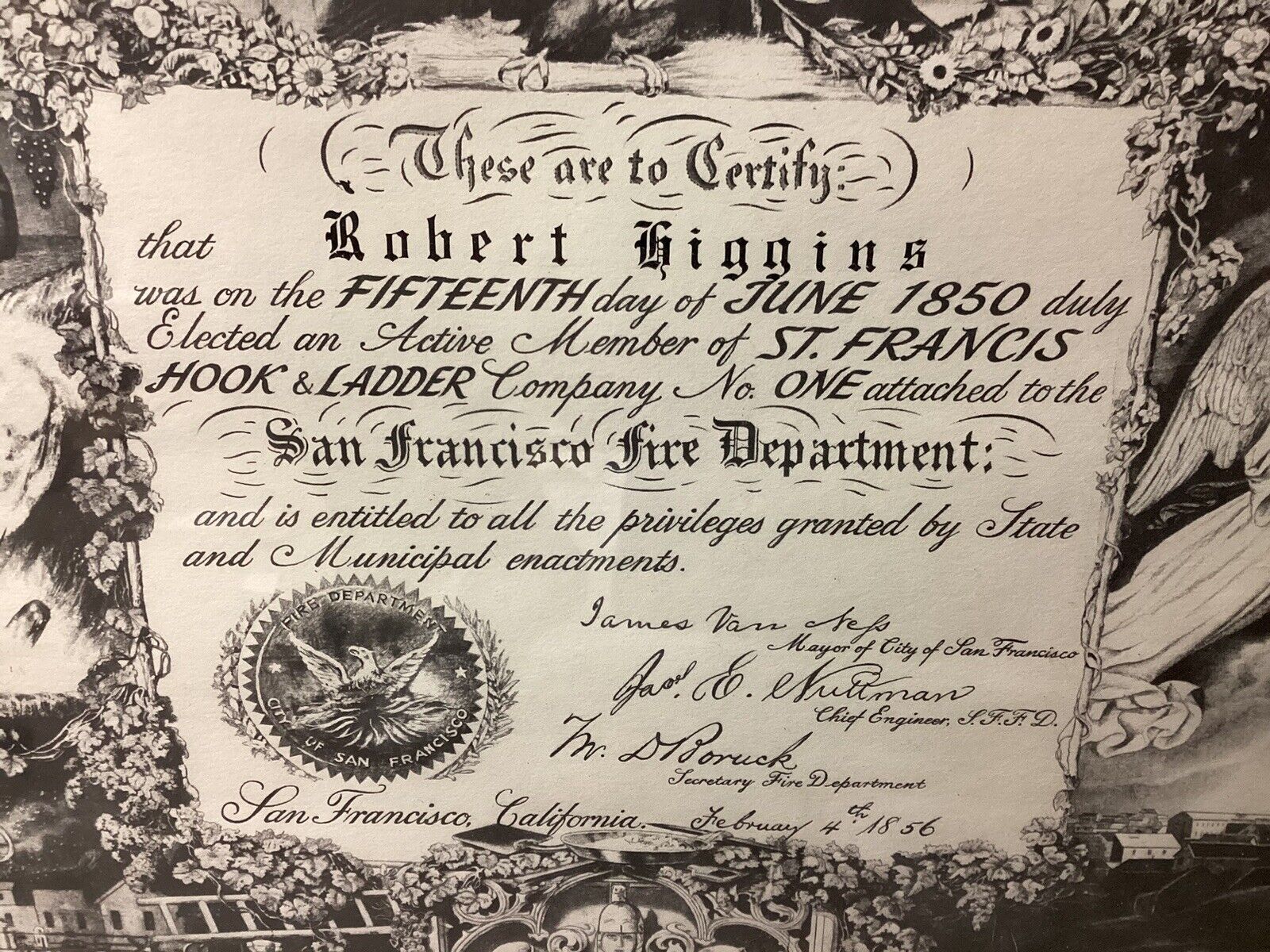 1856 St Francis Hook And Ladder San Francisco Fire Department Certificate