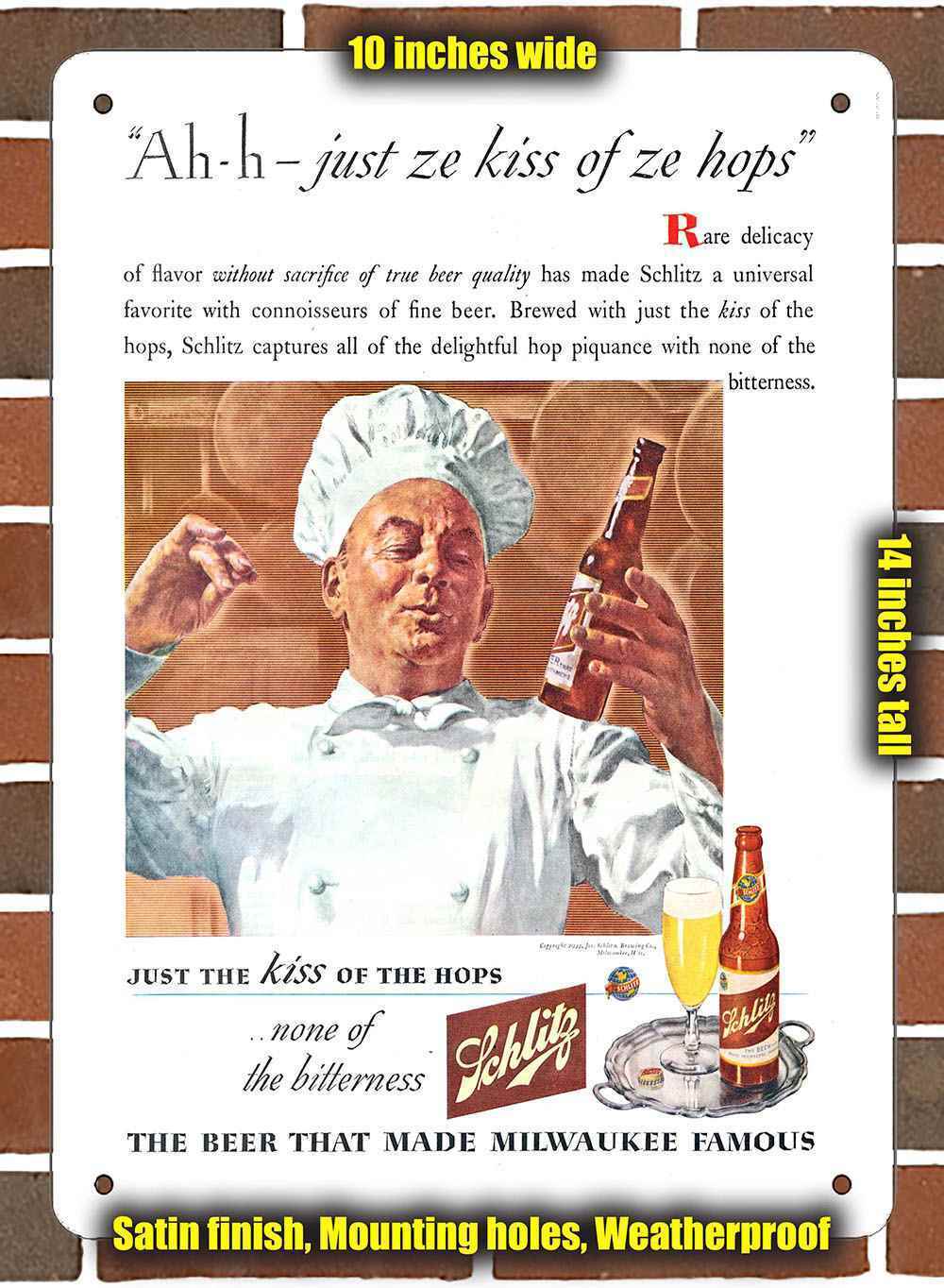 Metal Sign - 1944 Schlitz Beer Kiss of Hops- 10x14 inches