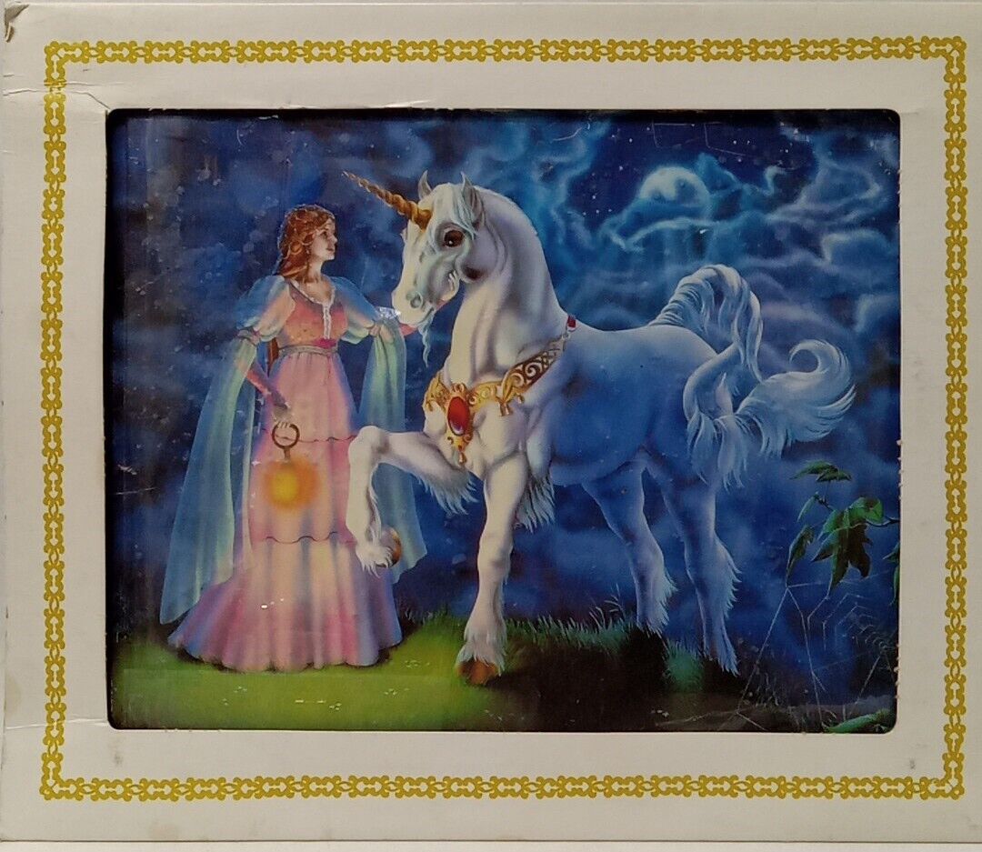 Vintage Unicorn 1980's Carnival Prize Framed Picture