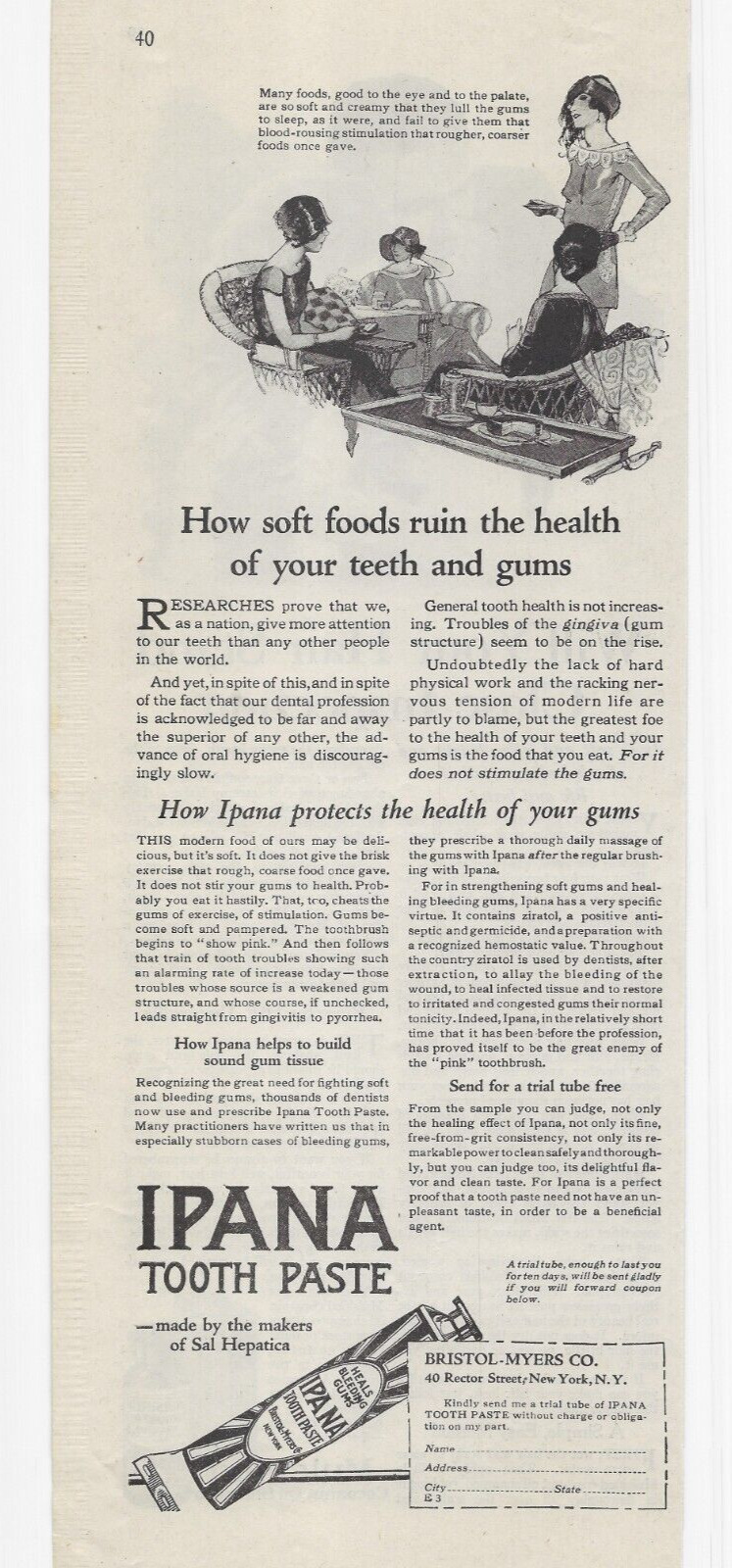1924 Ipana Tooth Paste Print Ad Heals Bleeding Gums Send For Trial Tube Coupon