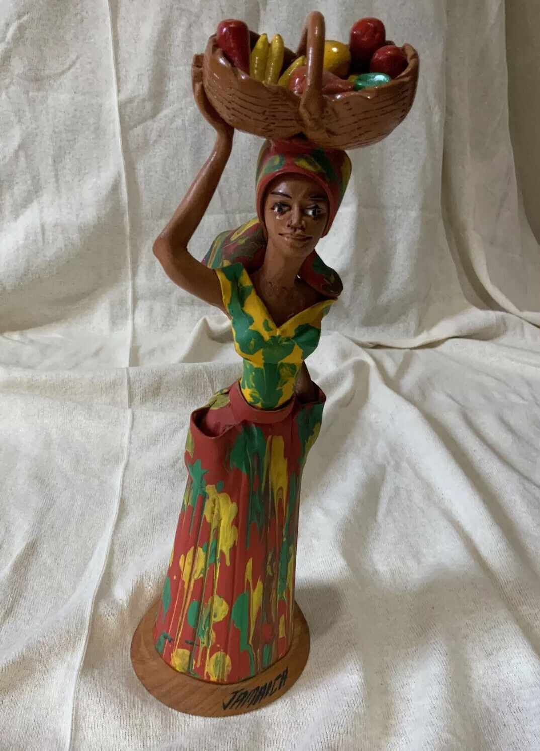 Vintage Frazer\'s Jamaican Lady Figurine Ceramic Earthware Fruit Basket 11”