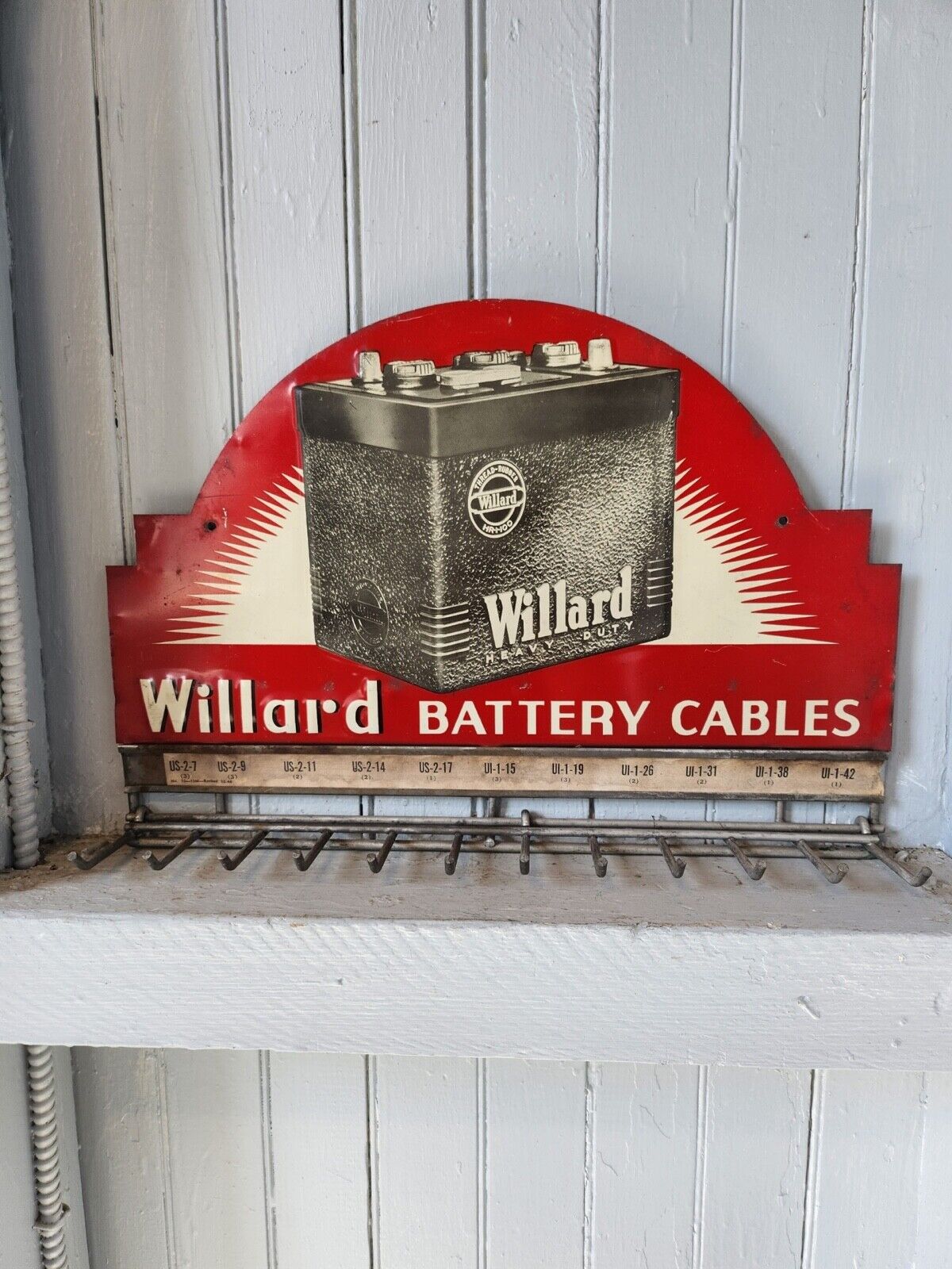 VINTAGE 1946 WILLARD BATTERY CABLE RACK - EMBOSSED SIGNAGE - METAL HANGER - GAS 