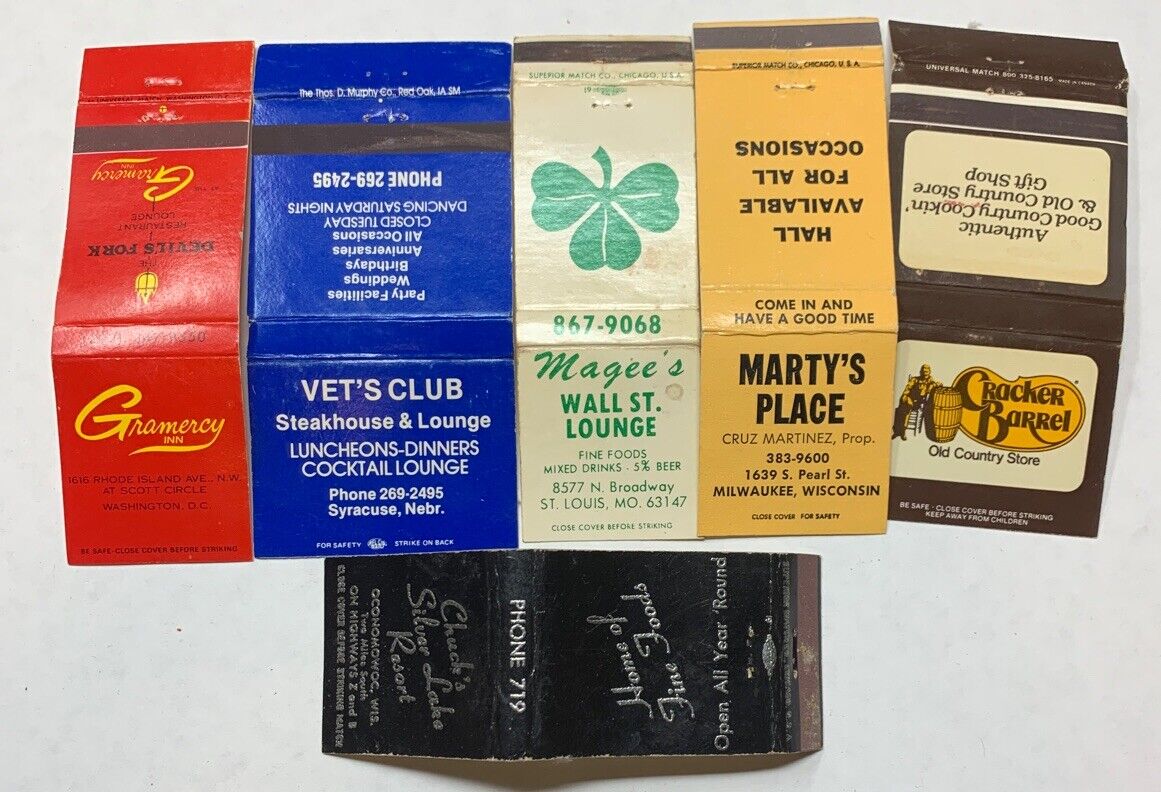 Lot of 6 Matchbook Covers From Restaurants And Lounges Wasington D.C. Wisconsin