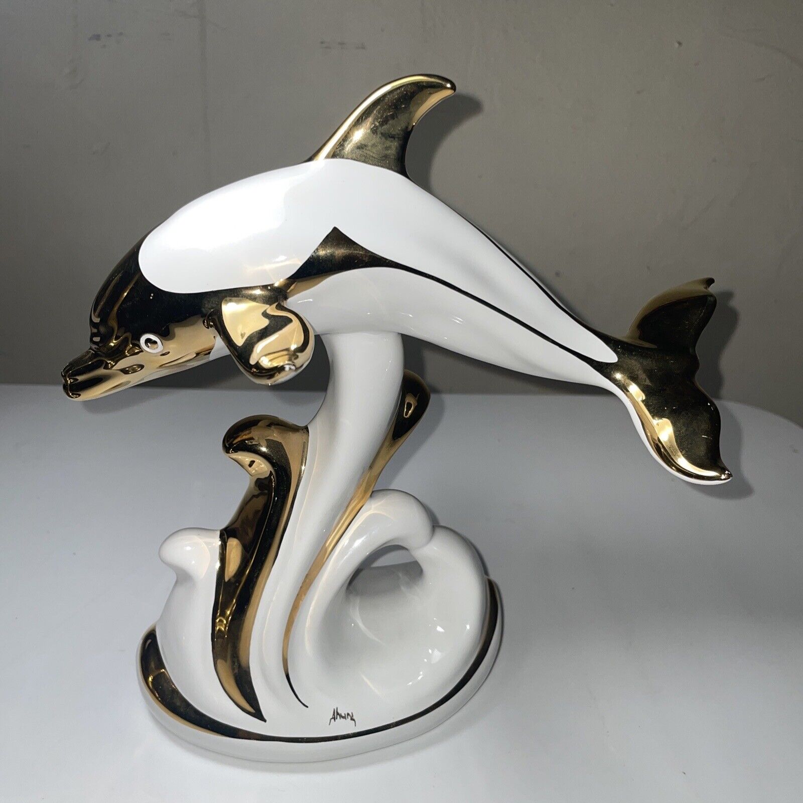 Vintage 24k Art Deco Dolphin Signed Ahunz? Made In Italy. 9x8” Beautiful Piece
