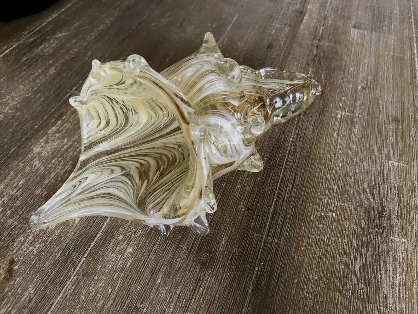 Murano Style Art Glass Shell Sea Shell Sculpture Yellow, White and Clear Swirl