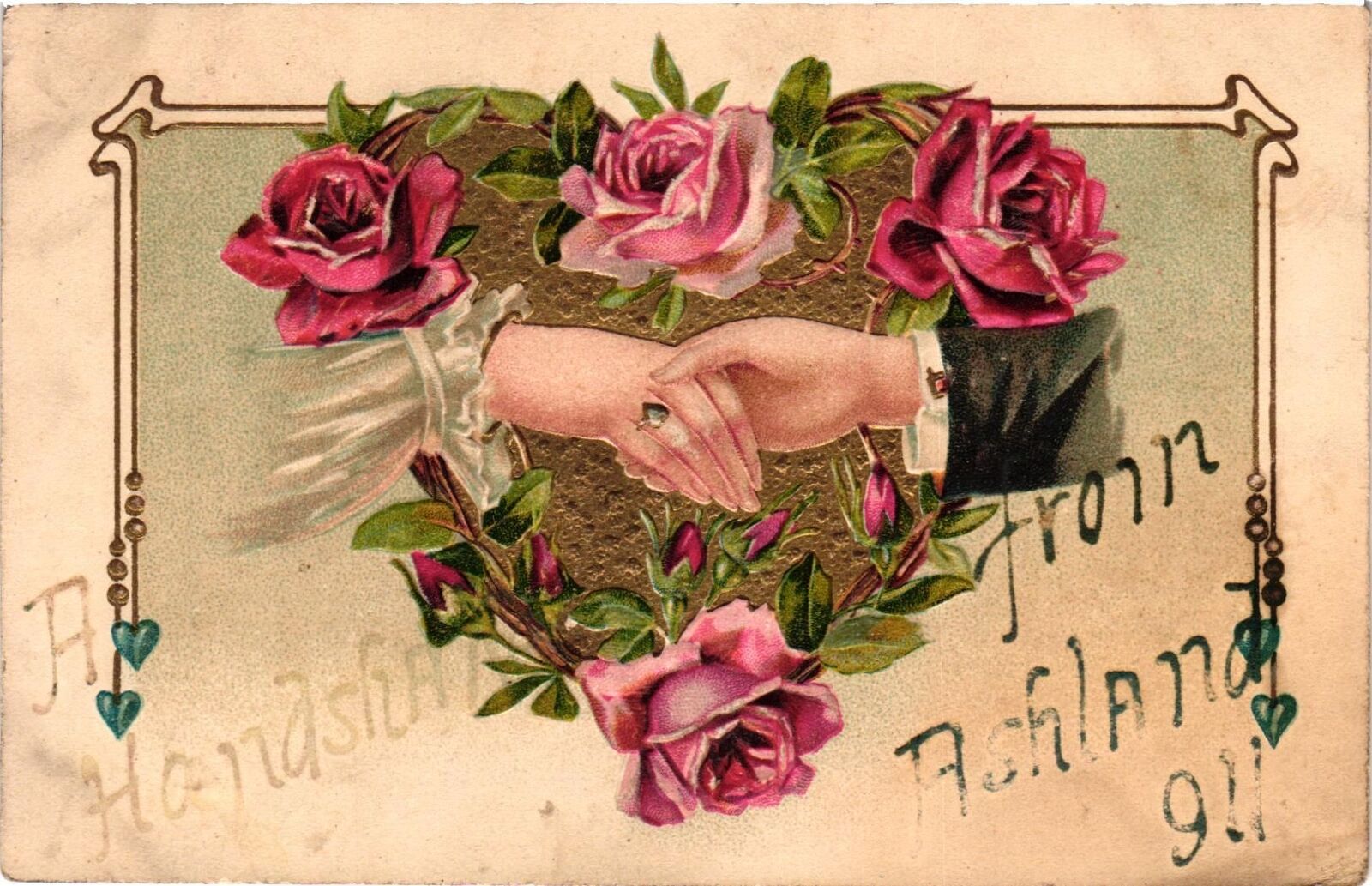 VTG EMBOSSED Postcard- Engagement, Roses, A Handshake from 1910 UnPost