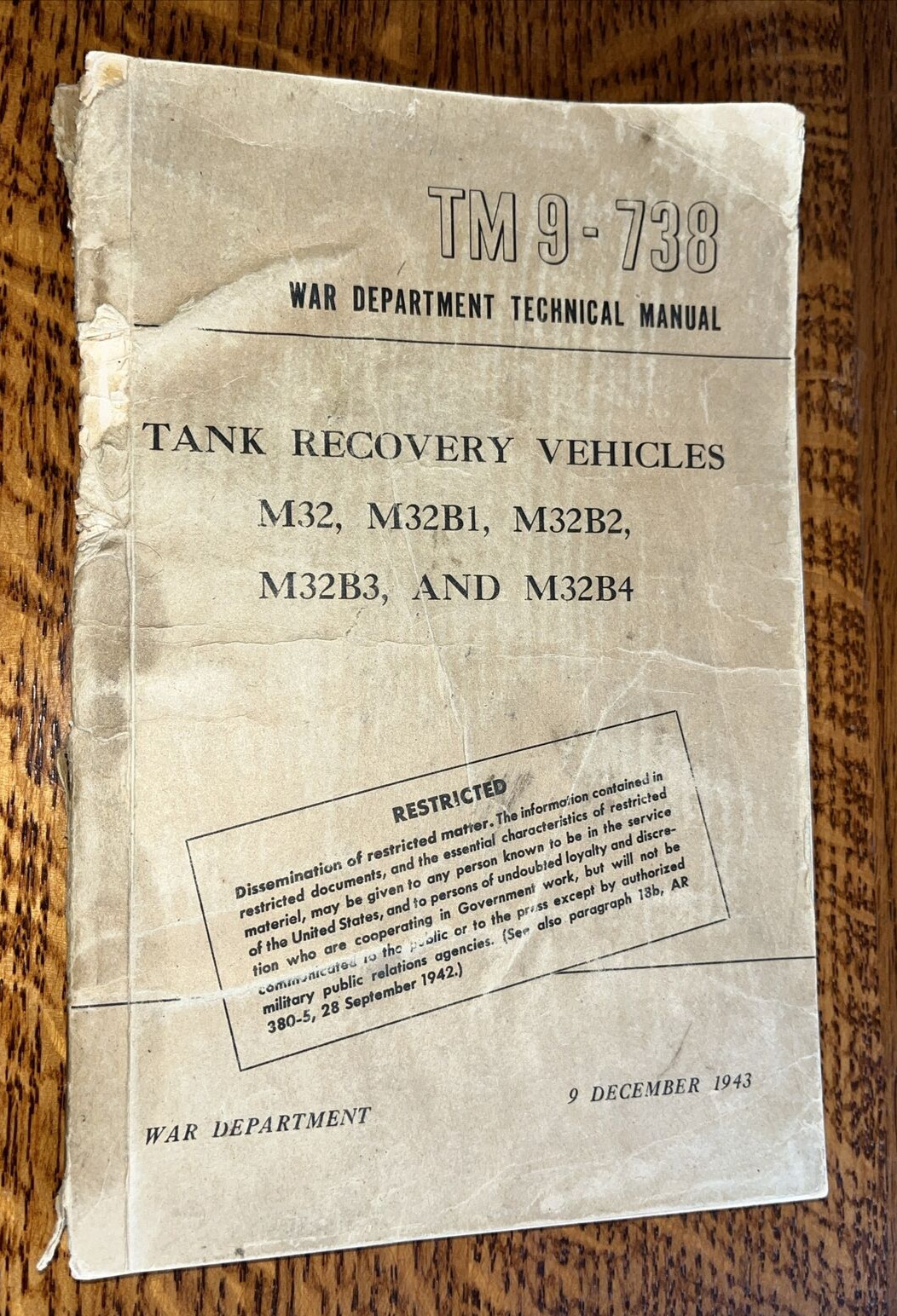 WWII War Department Restricted TM9 738 Tank Recovery Vehicles December 9, 1943