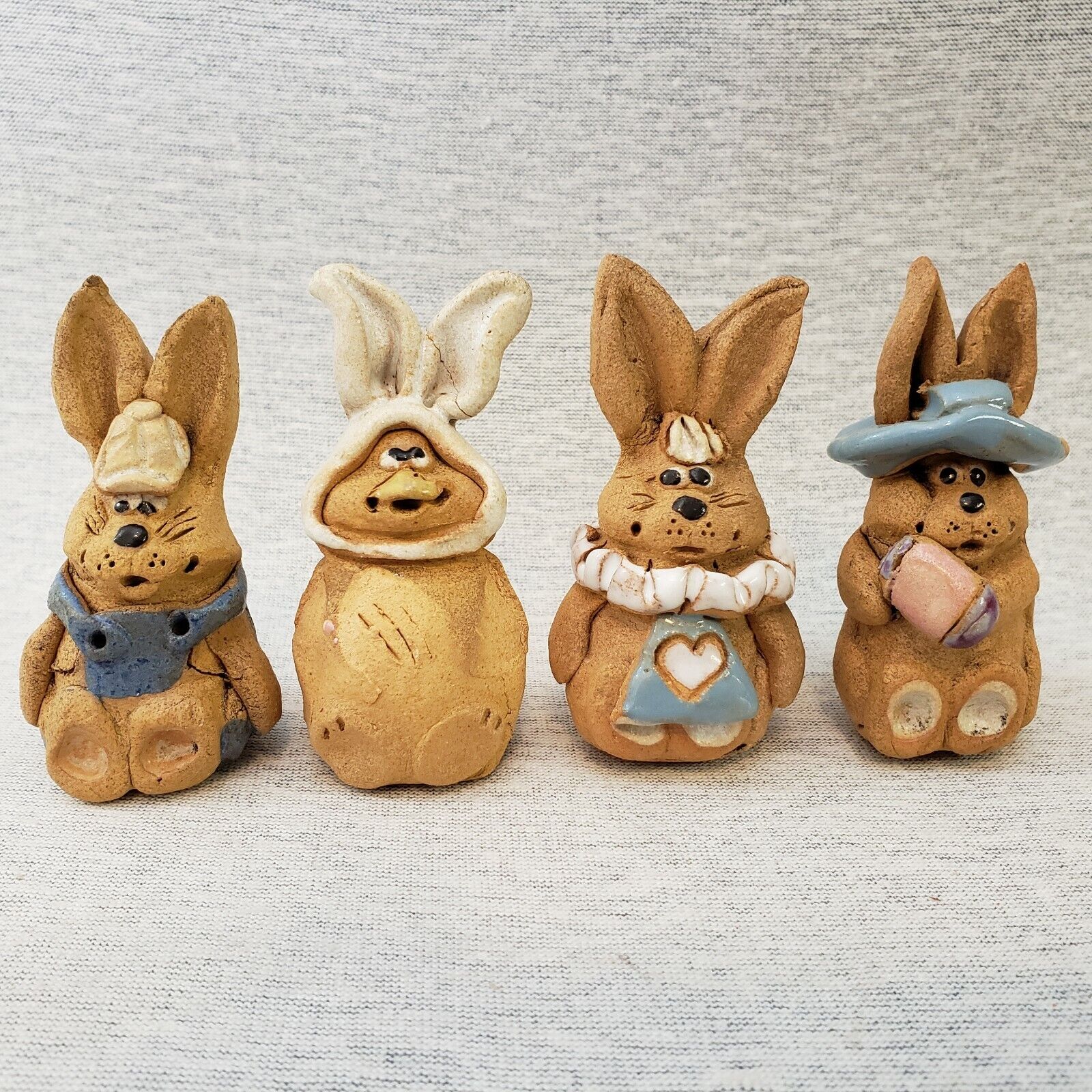 4 Vintage Hindt Mini Easter Rabbit Figurines Hand Painted Artist Signed 1970s