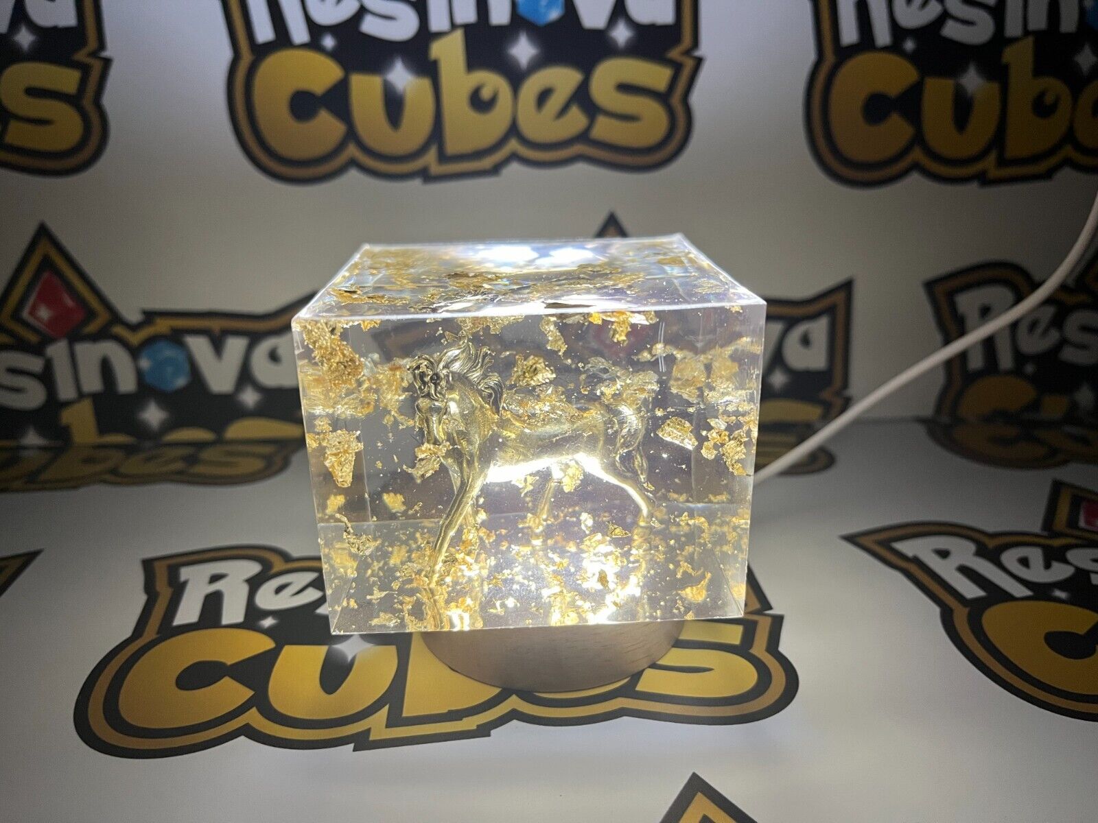 Golden Stallion Horse Light Cube Gift - Resin Night Light, Handmade Paperweight