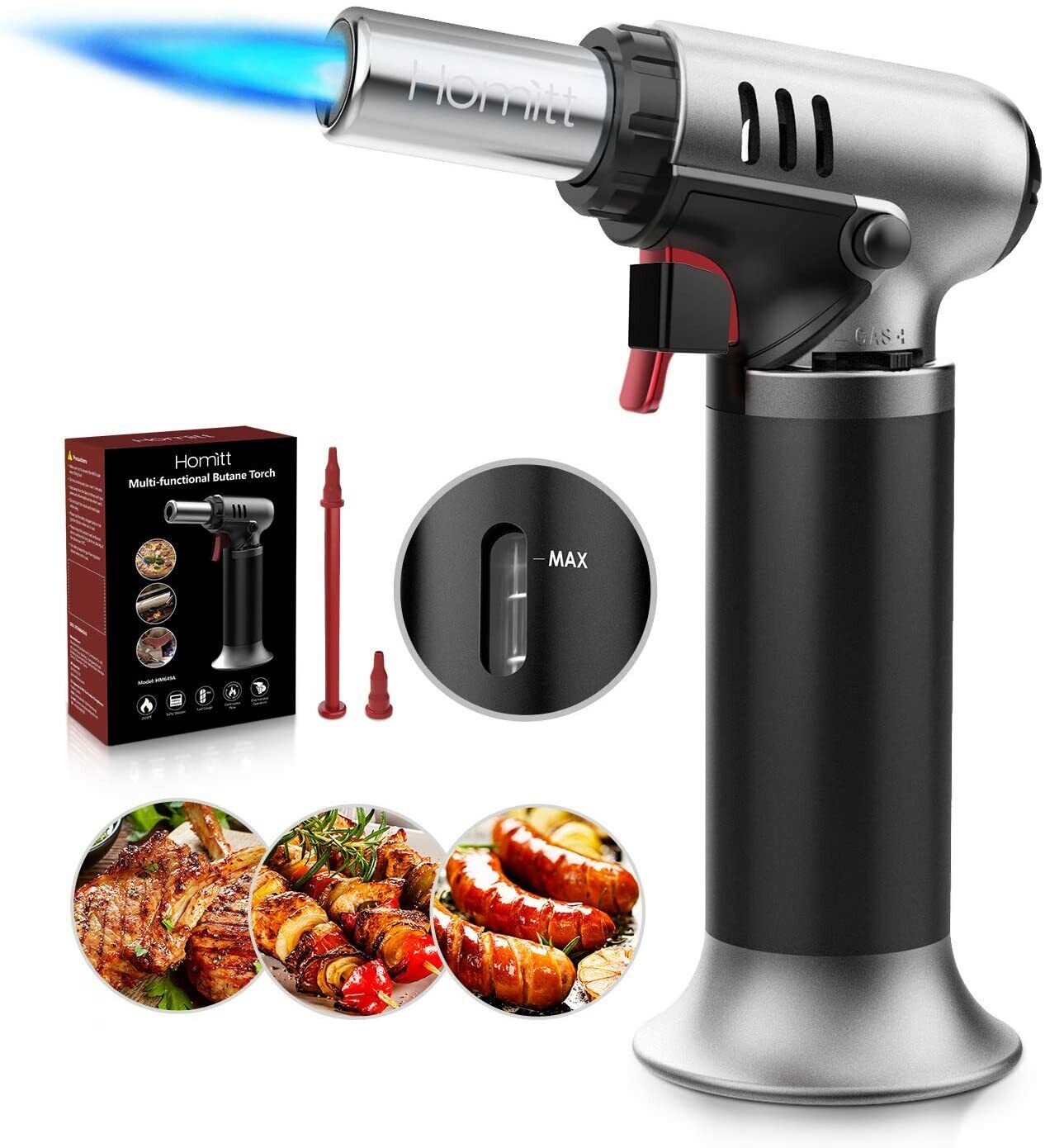 Homitt Kitchen Butane Torch with Fuel Gauge Refillable Cooking Torch Adjustable