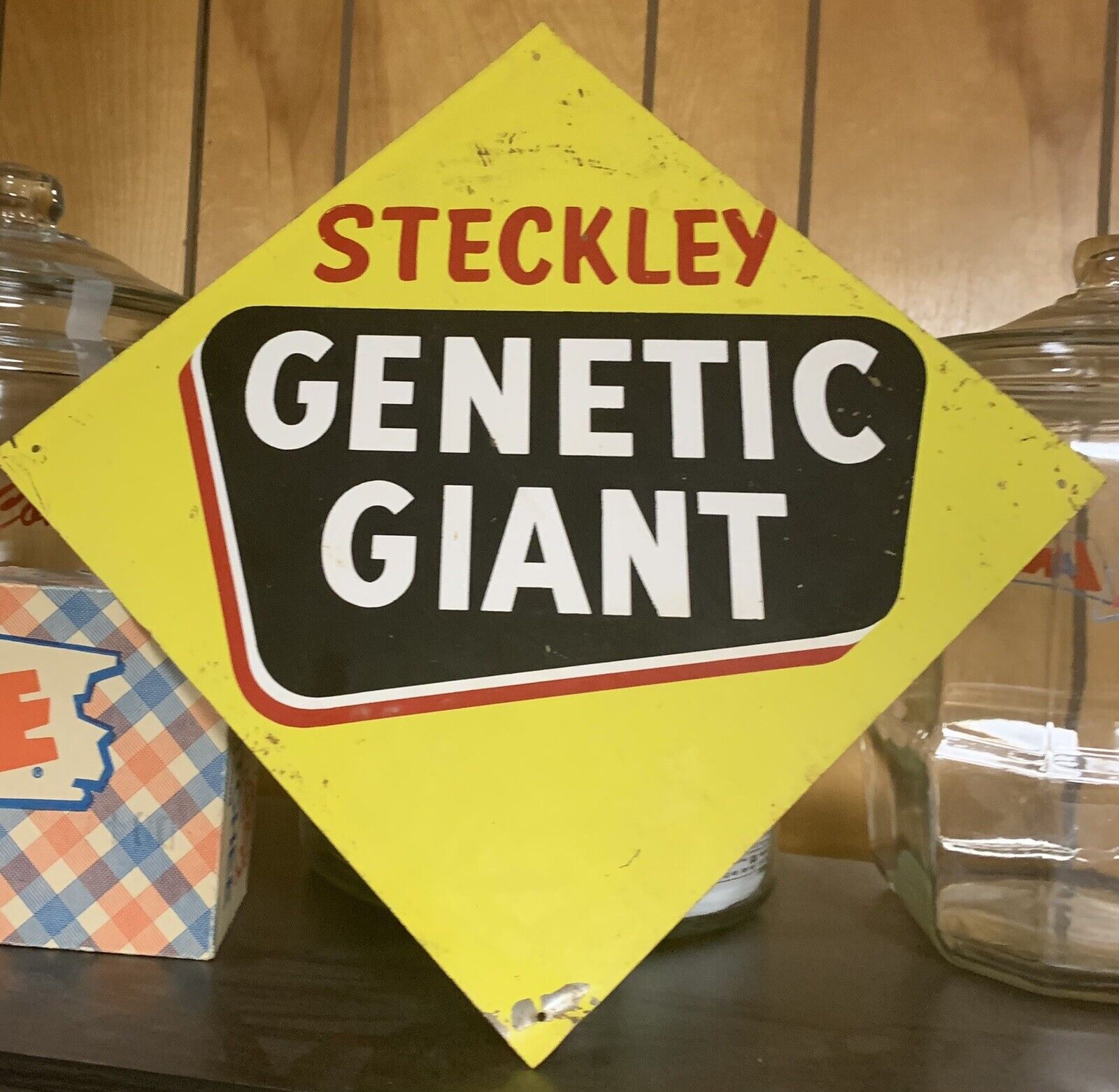 ORIGINAL Vintage STECKLEY GENETIC GIANT Seed Corn Sign Farm Agricultural 12”x12”