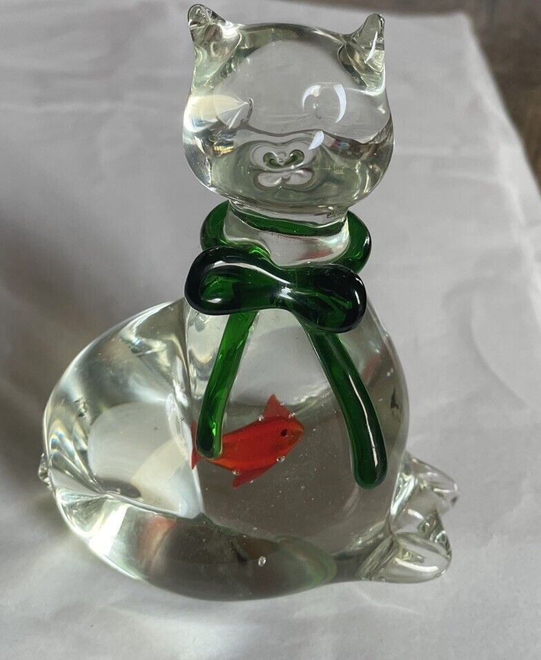 Art Glass Cat Fish in Belly   Clear Statuette 5” Preowned