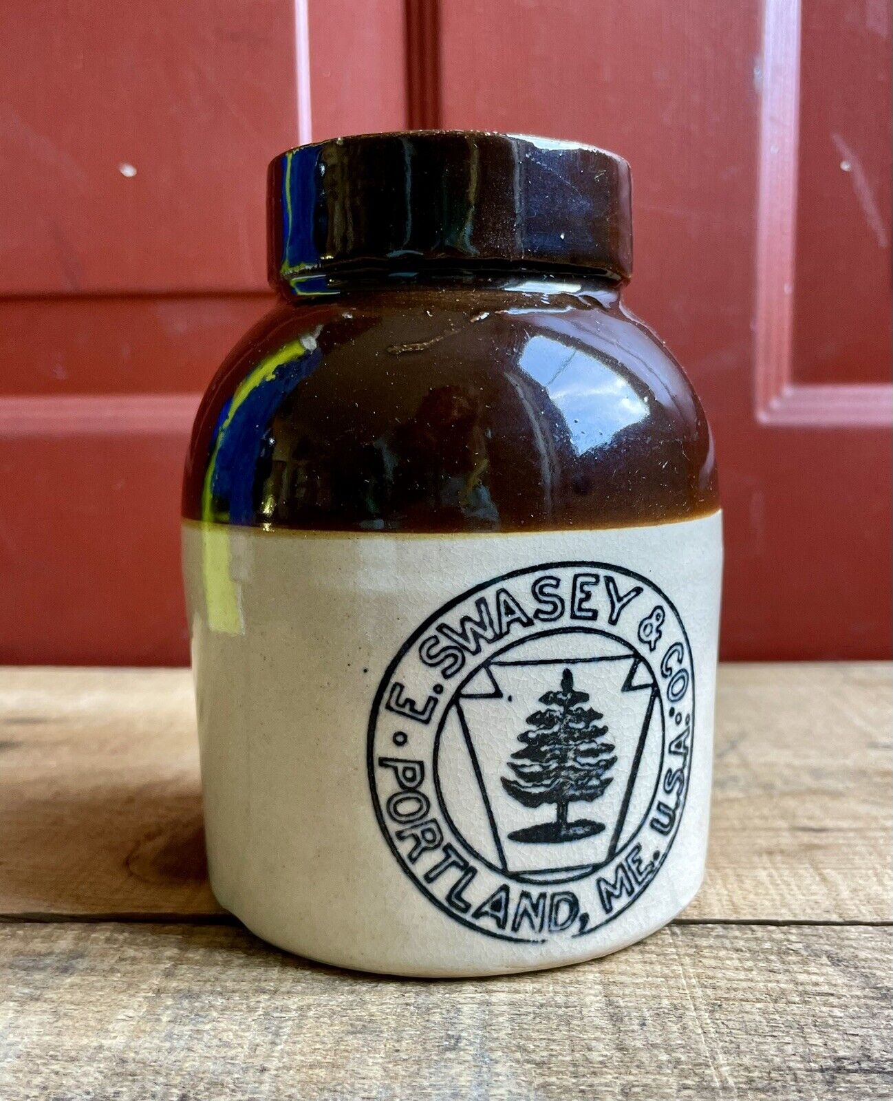 Late 1800s E. Swasey & Co. Portland Me Stoneware Oyster Jug Keystone Pine Tree