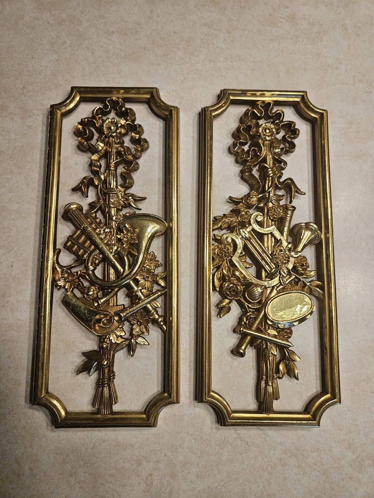 Hollywood Regency Pair MUSIC SYROCO WALL ART PLAQUES VINTAGE GOLD HOMCO 1964 MCM