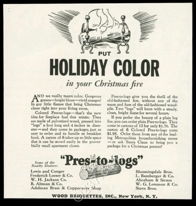 1935 Prestologs Pres-to-logs fireplace color fire logs vintage print ad