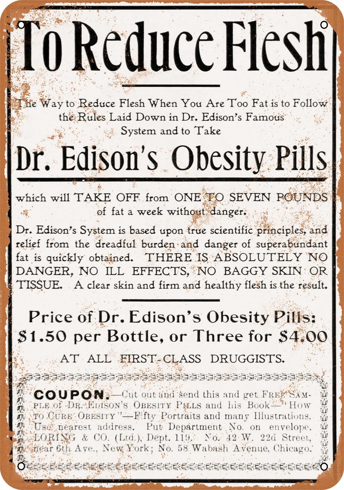 Metal Sign - 1898 Edison\'s Obesity Pills - Vintage Look Reproduction