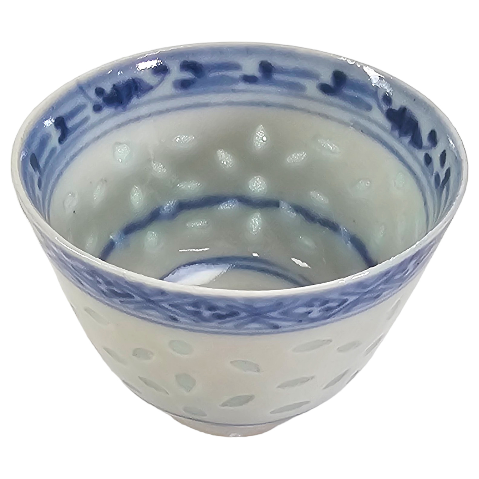 Antique Chinese Blue & White Rice Grain Cup Rice Pattern Porcelain China