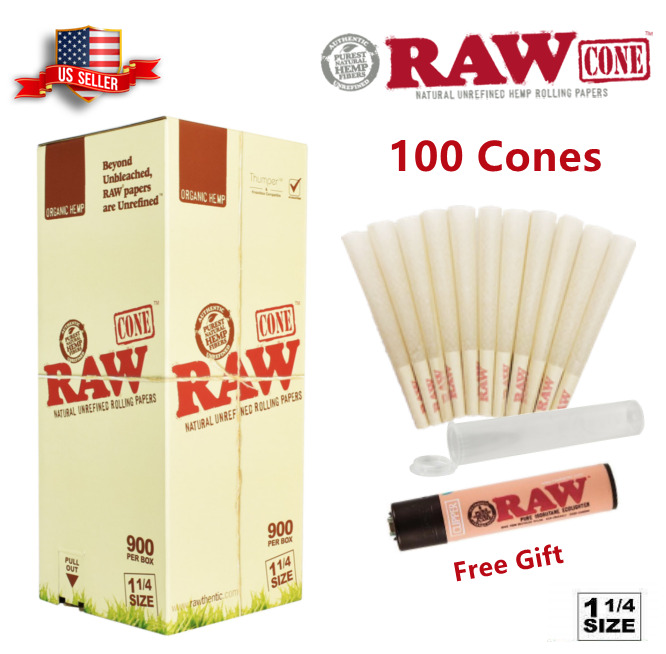 Authentic RAW Organic 1 1/4 Size Hemp Pre-Rolled Cones 100 Pack & Raw Lighter 