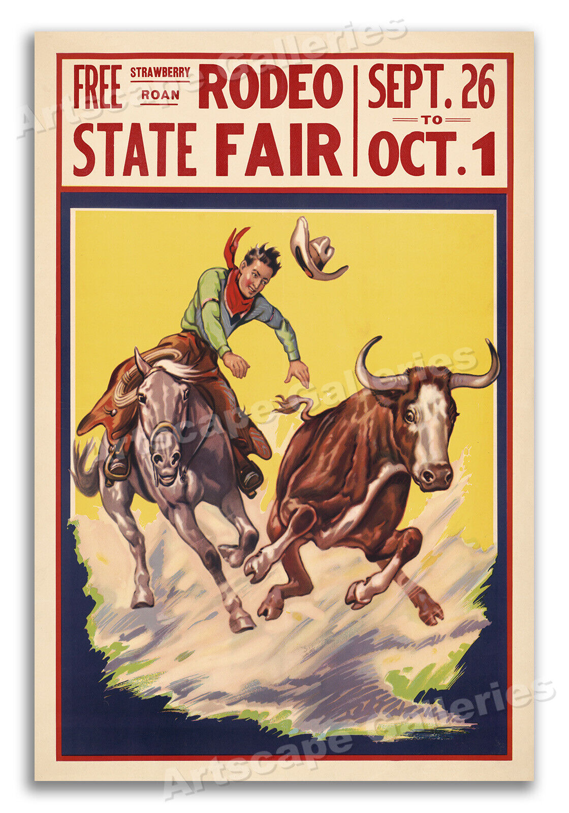 1930s Cowboy Rodeo Poster - State Fair Steer Wrestling - 16x24
