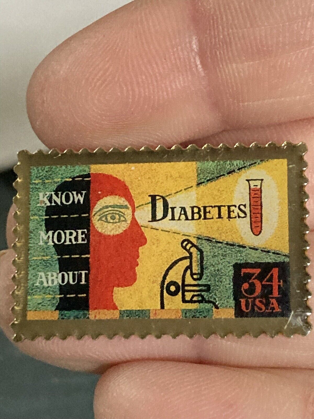 Know more about diabetes postage stamp 34cent Lapel Pin K527
