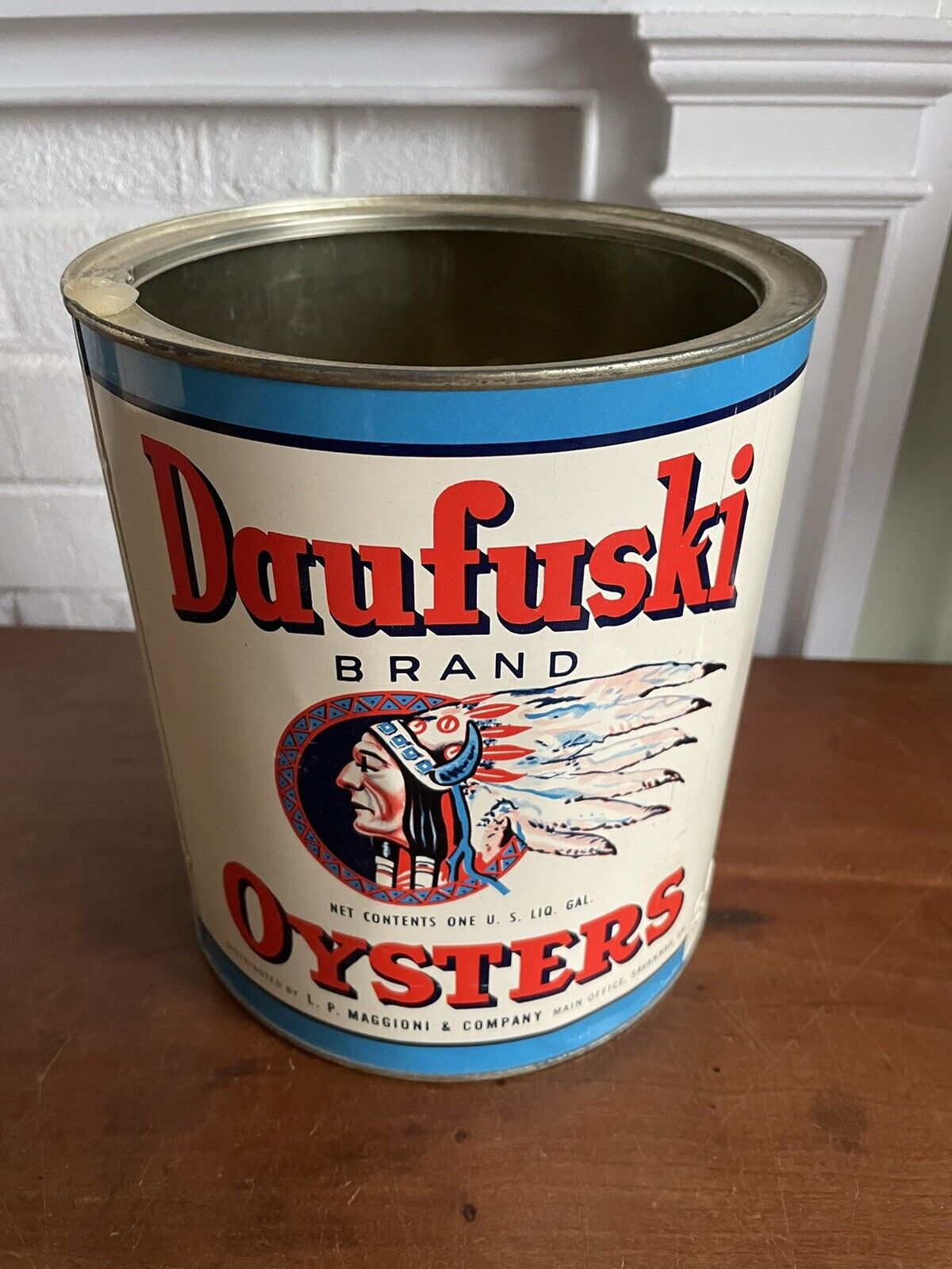 Daufuski Brand Oyster Tin Can 1 gallon w/ Indian Chief~Maggioni & Co Savannah GA