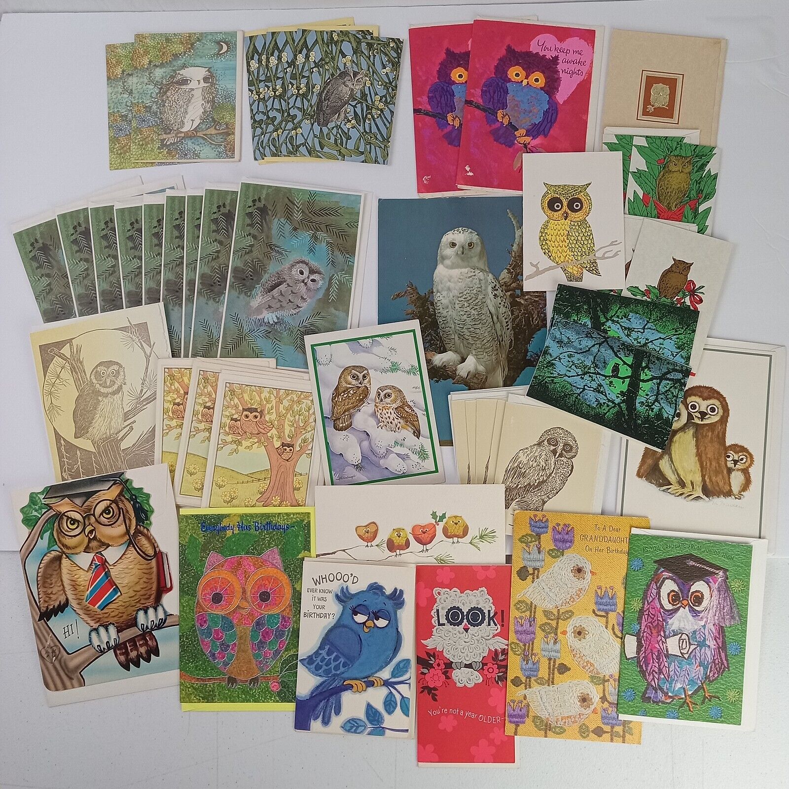 Lot Vtg Owl Greeting Note Cards Unused Blank Birthday Christmas 40+ READ 60s 70s