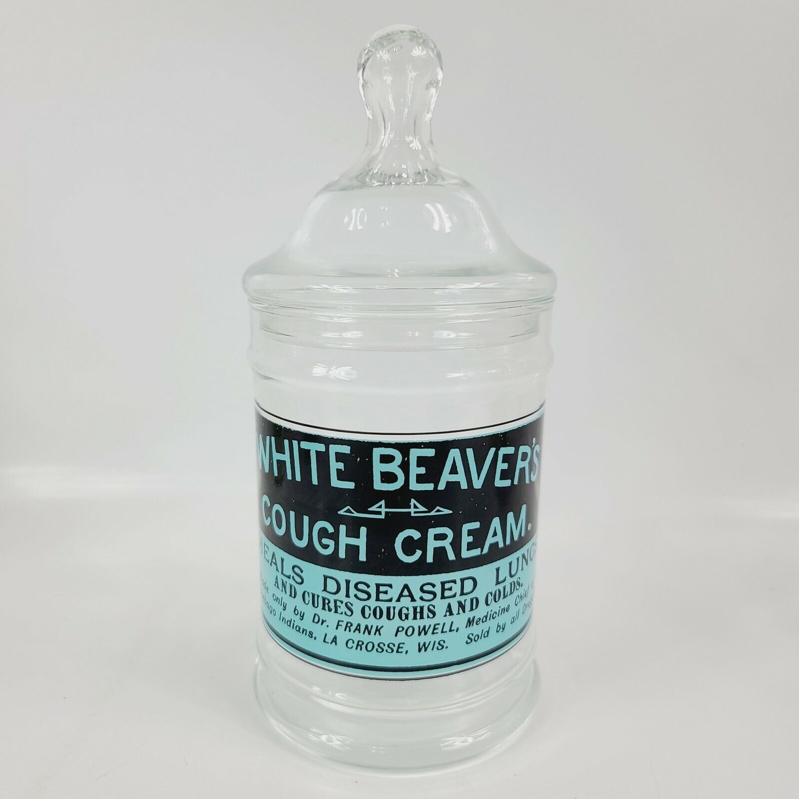 UNIQUE Apothecary Glass JAR DR POWELL White Beavers Cough Cream LACROSSE WI RARE
