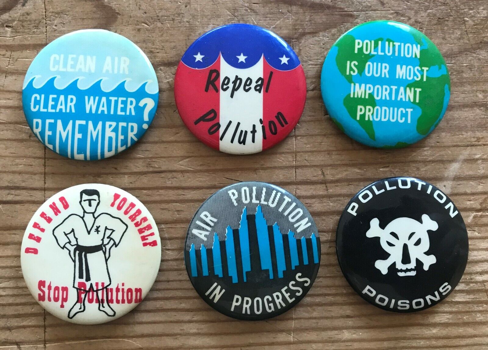 Vintage Pollution Clean Air Water Poison Protest - Pinback Pin Button - Lot of 6