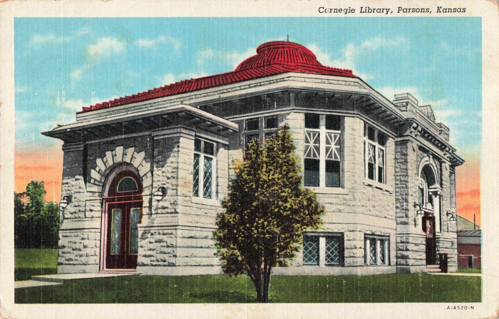 Parsons KS Kansas, Carnegie Library Building, Vintage Postcard