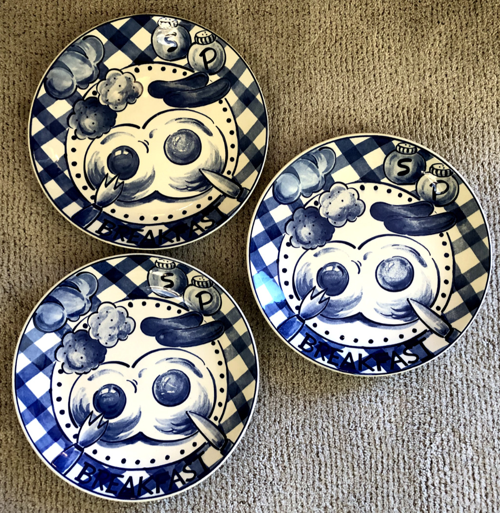 (3) Three Vintage Salt & Pepper Handcrafted Breakfast Plates 10 5/8