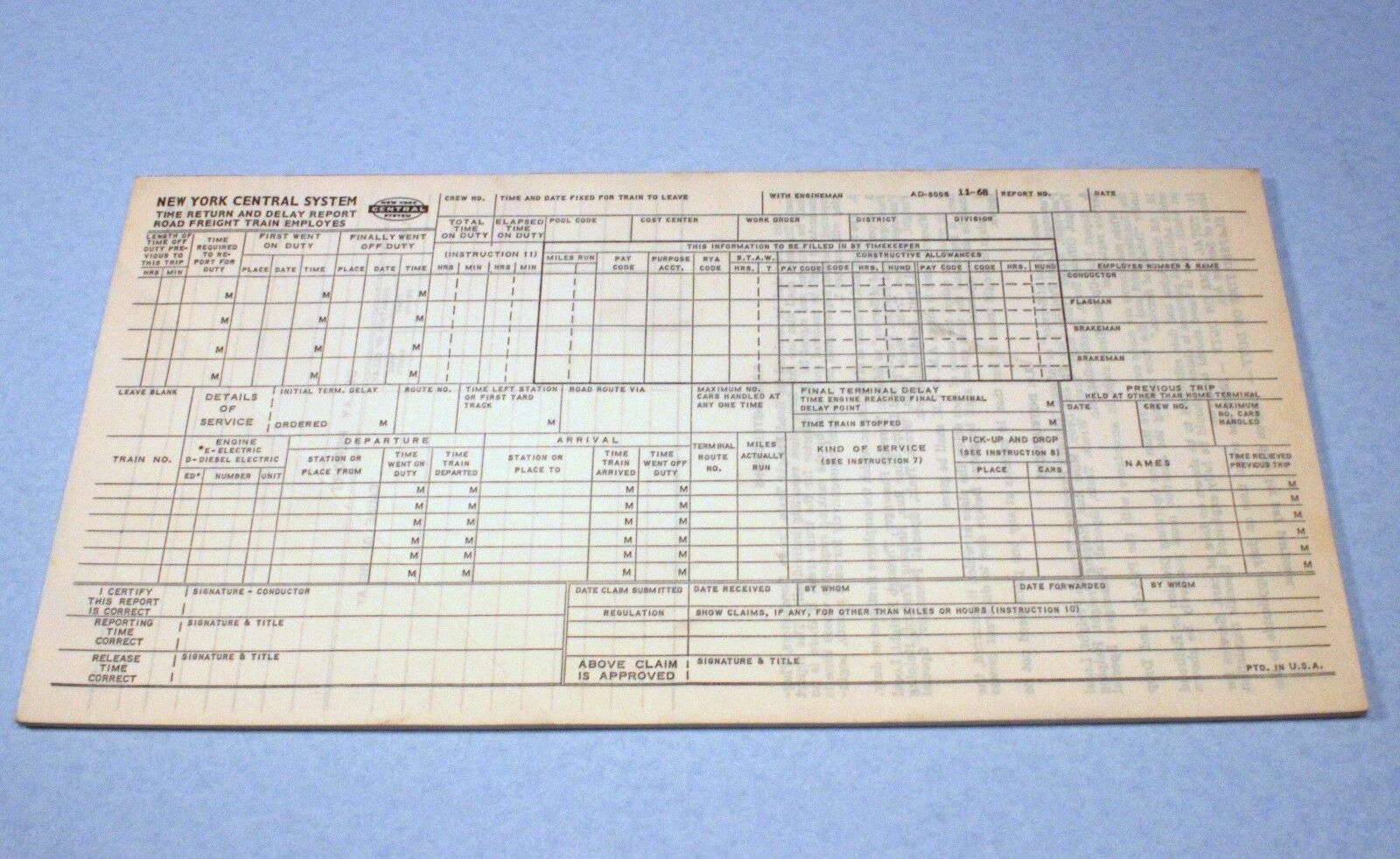 Lot of New York Central RR Time Reports for Road Freight Train Employees