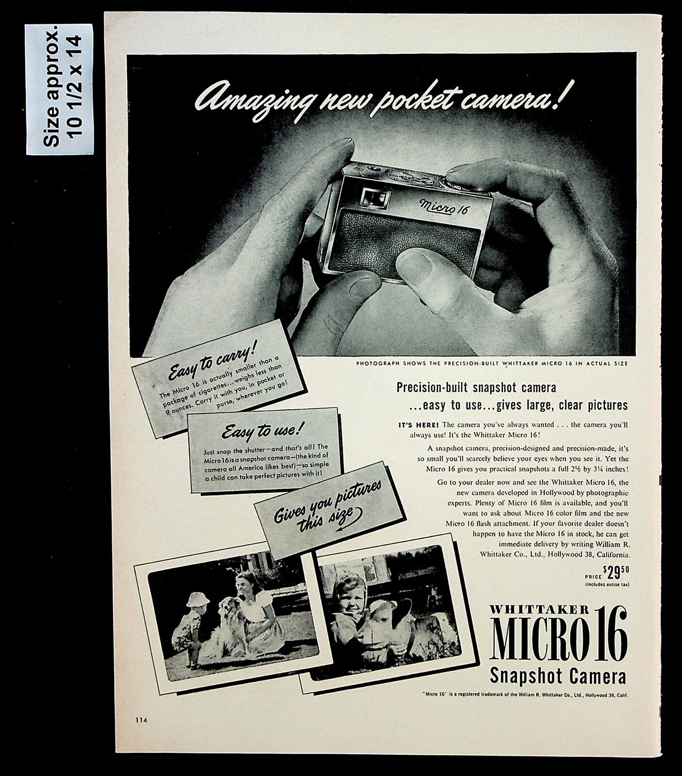 1947 Whittaker Micro 16 Snapshot Camera Pocket Size Photo Vintage Print Ad 31448