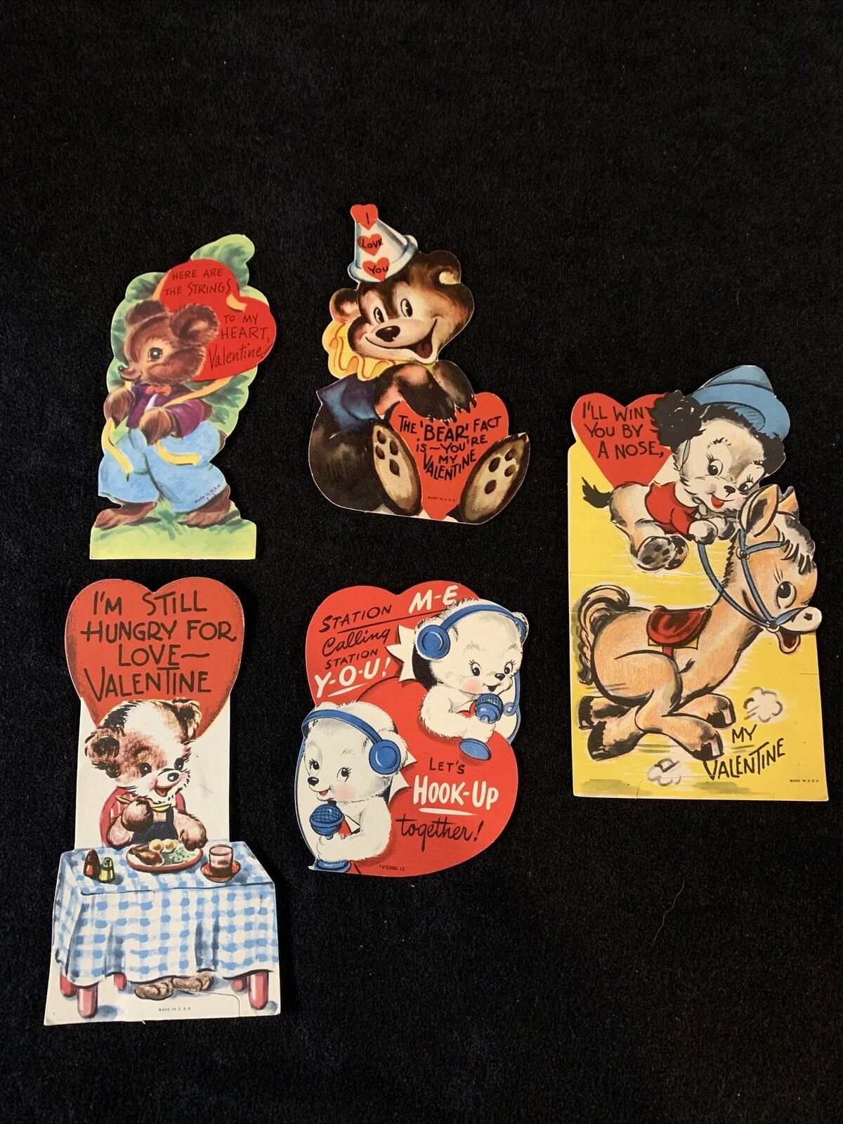 5 Vintage 1940-50’s Anthropomorphic Bears Valentines Day Card Lot.