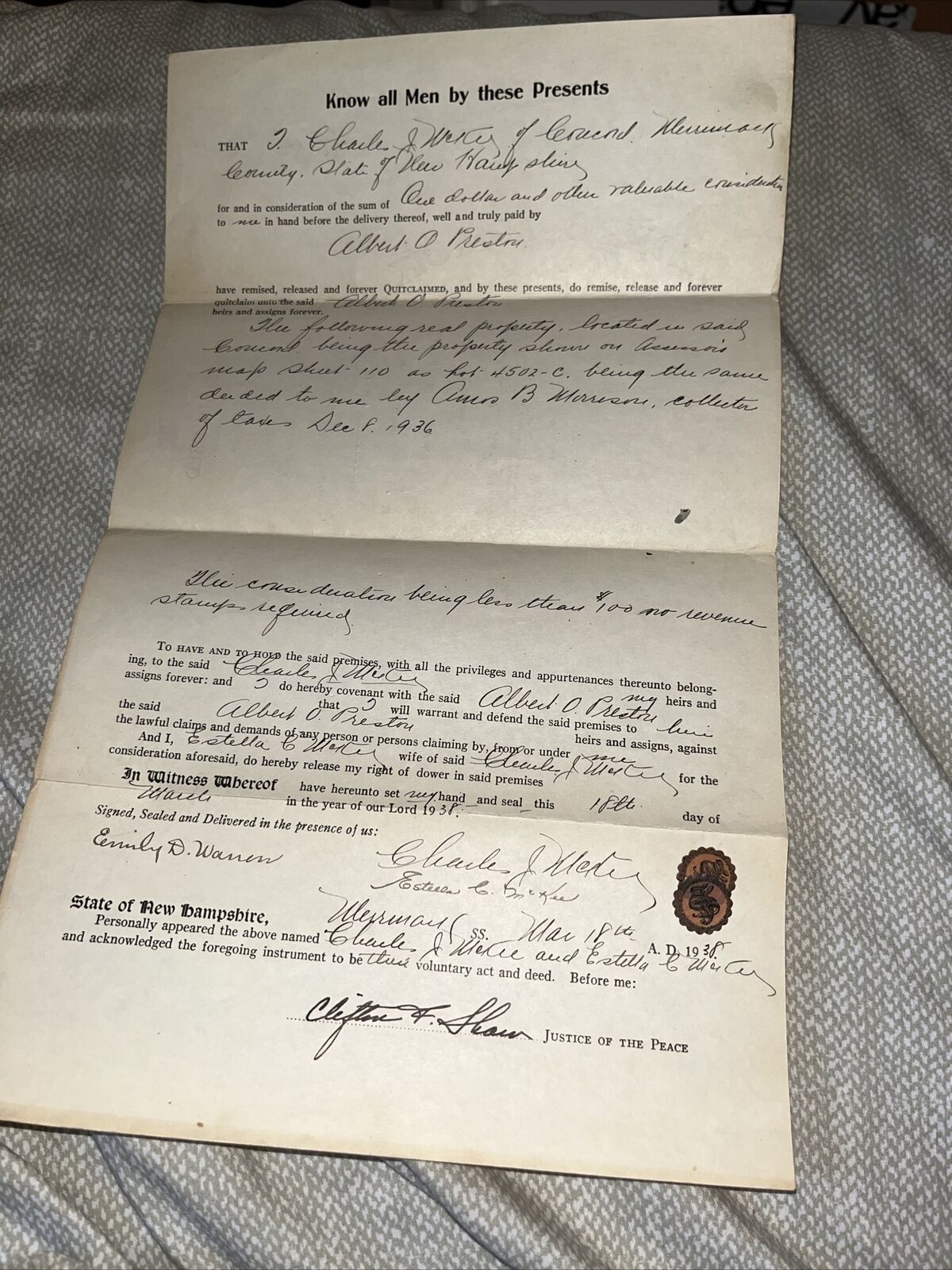 Antique Concord New Hampshire Land Deed / Seller: Mayor Charles J McKee & Wife