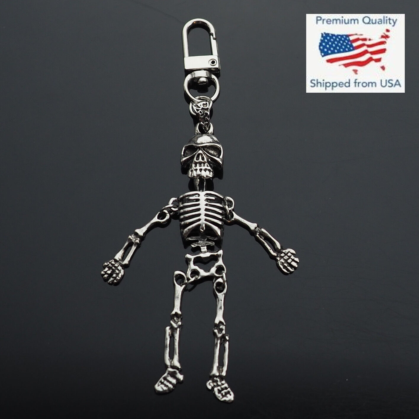 Vintage Silver Jointed Skeleton Bones Skull Charm Pendant Key Ring Clip Gift