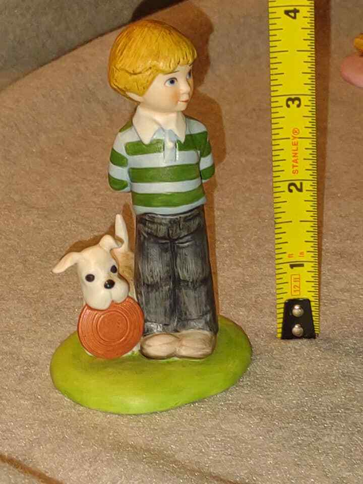 CS figurine vtg porcelain Taiwan 1981 student report card puppy frisbee dog boy