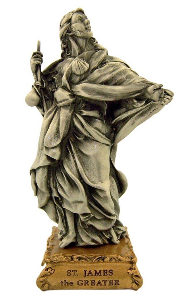 Pewter Saint St James the Greater Figurine Statue on Gold Tone Base, 4 1/2 Inch