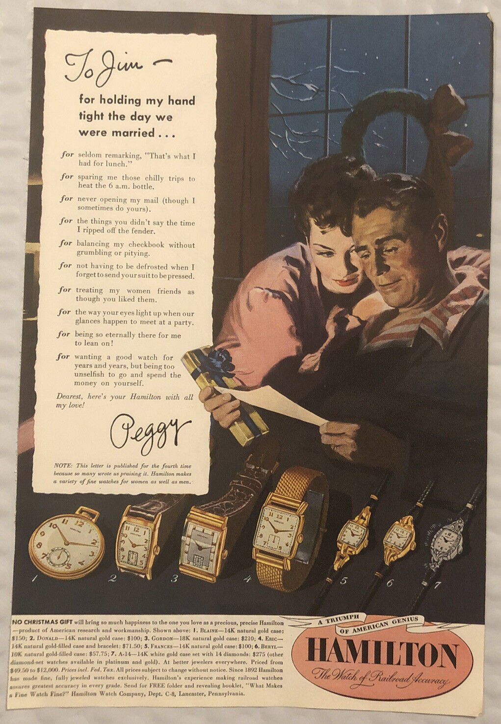 Vintage 1949 Original Print Ad Full Page - Hamilton Watches - To Jim